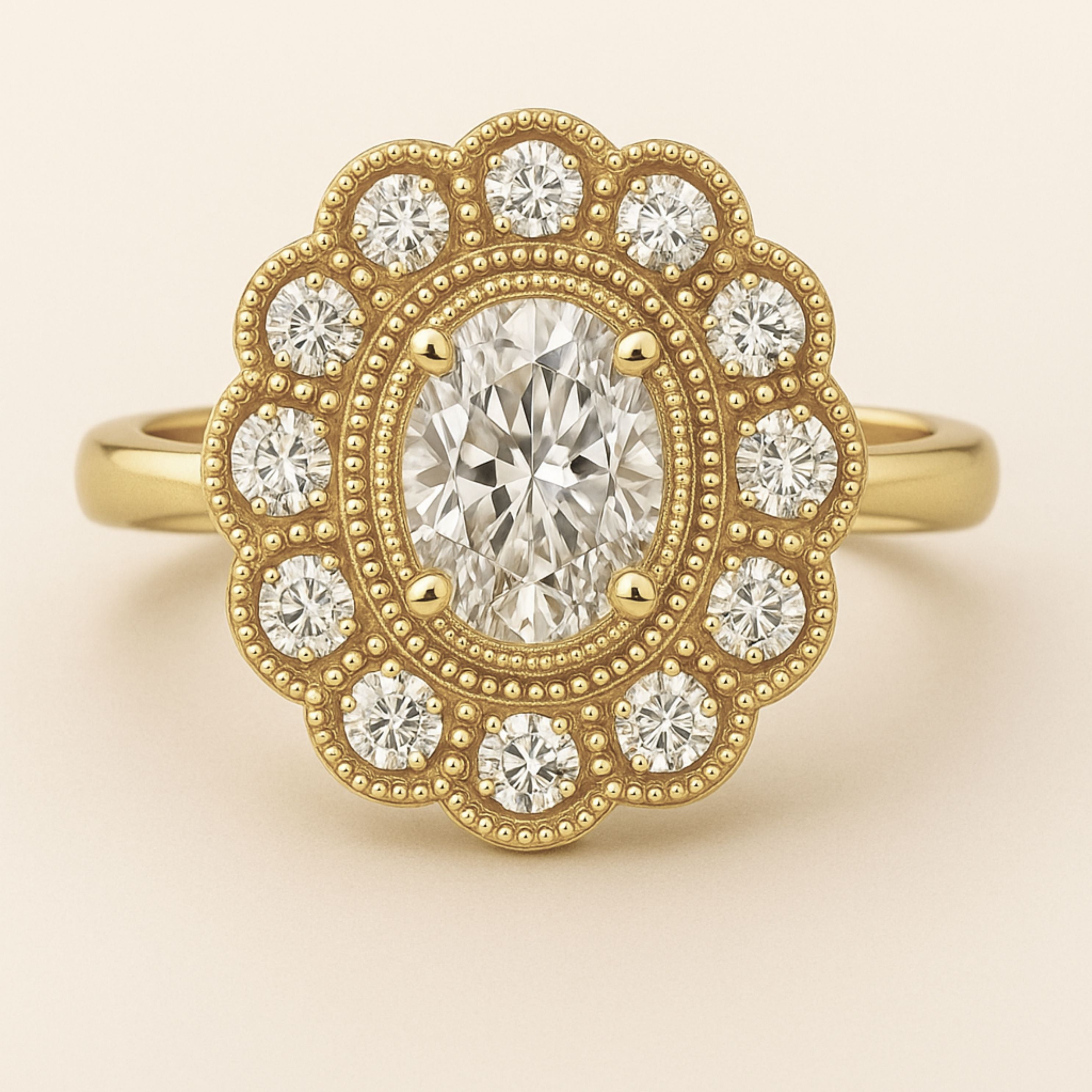 Oval Cluster Milgrain Victorian Diamond Engagement Ring - Isadora For the woman who wants something truly distinctive, a thoughtfully designed cluster that balances vintage charm with contemporary style. Bridal and Anniversary diamond engagement ring, vintage wedding band, Victorian style ring, lab grown diamond ring, eco-friendly engagement, unique bridal ring, handmade wedding ring, modern vintage ring, organic cluster ring, fine jewelry gift, special occasion ring, sustainable luxury gift,