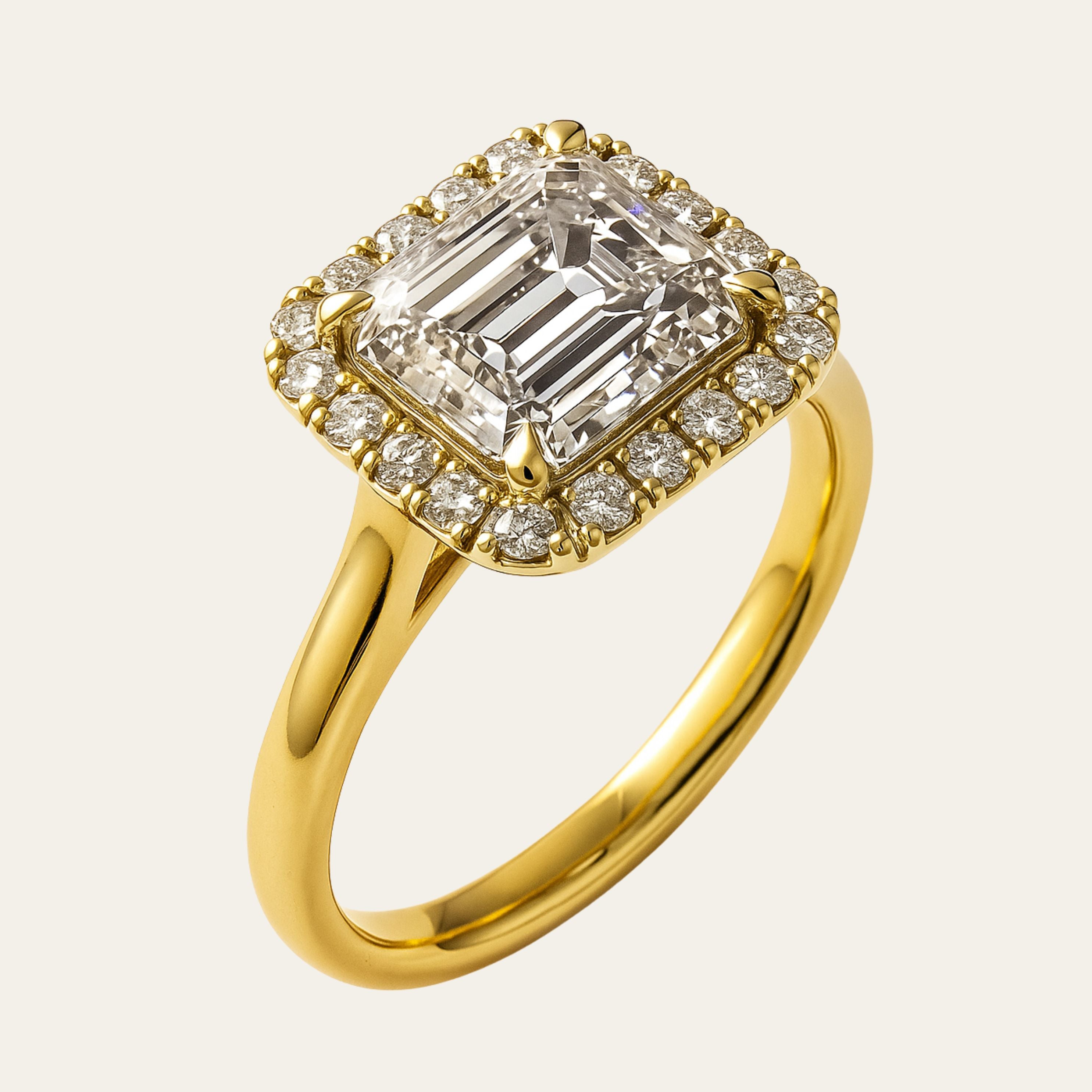 18ct gold engagement ring, emerald cut diamond ring, halo engagement ring, handmade wedding ring, ethical diamond ring, modern bridal jewelry, geometric engagement ring, handcrafted England ring, sustainable wedding band, anniversary gift, luxury engagement ring, contemporary bridal ring, elegant diamond ring