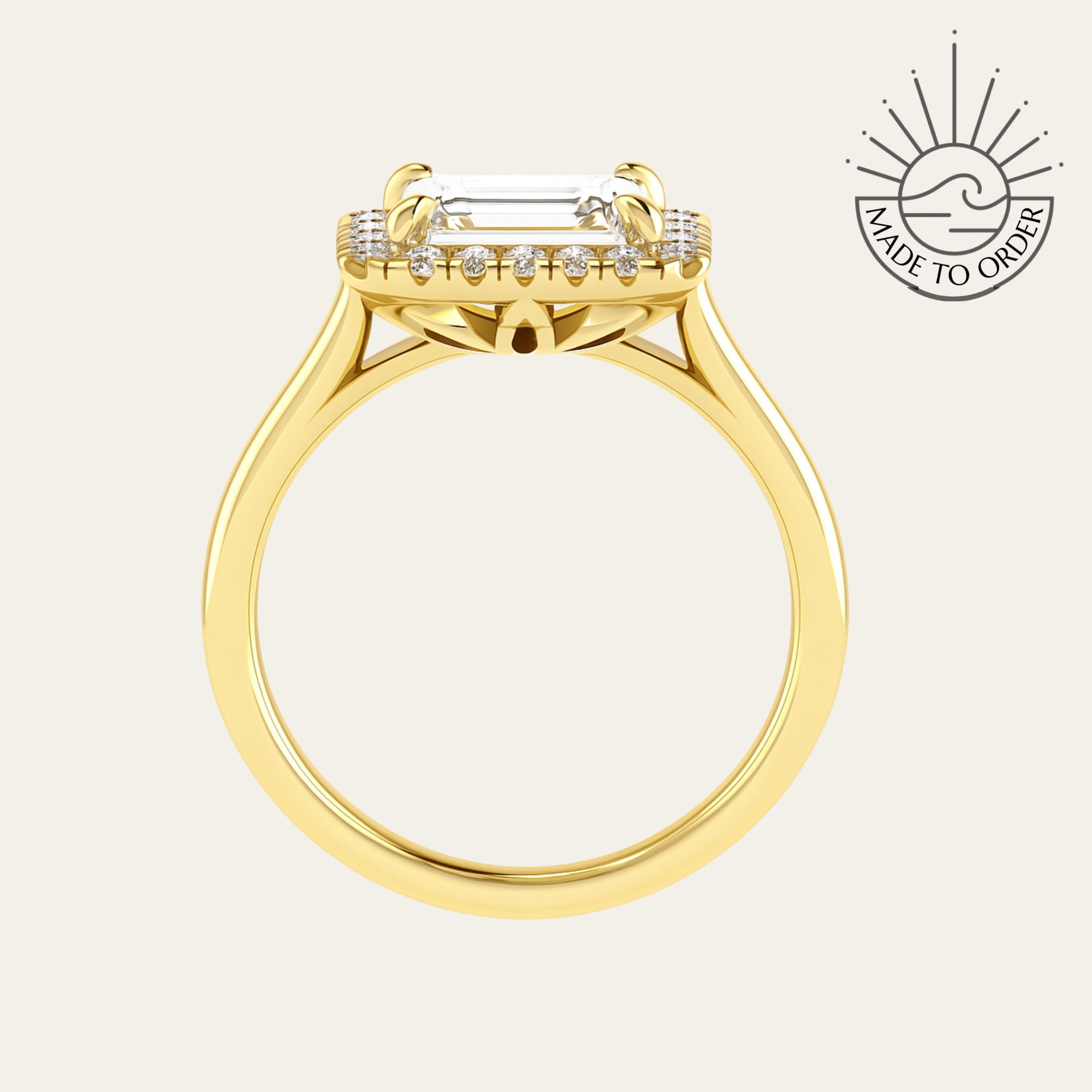 18ct gold engagement ring, emerald cut diamond ring, halo engagement ring, handmade wedding ring, ethical diamond ring, modern bridal jewelry, geometric engagement ring, handcrafted England ring, sustainable wedding band, anniversary gift, luxury engagement ring, contemporary bridal ring, elegant diamond ring
