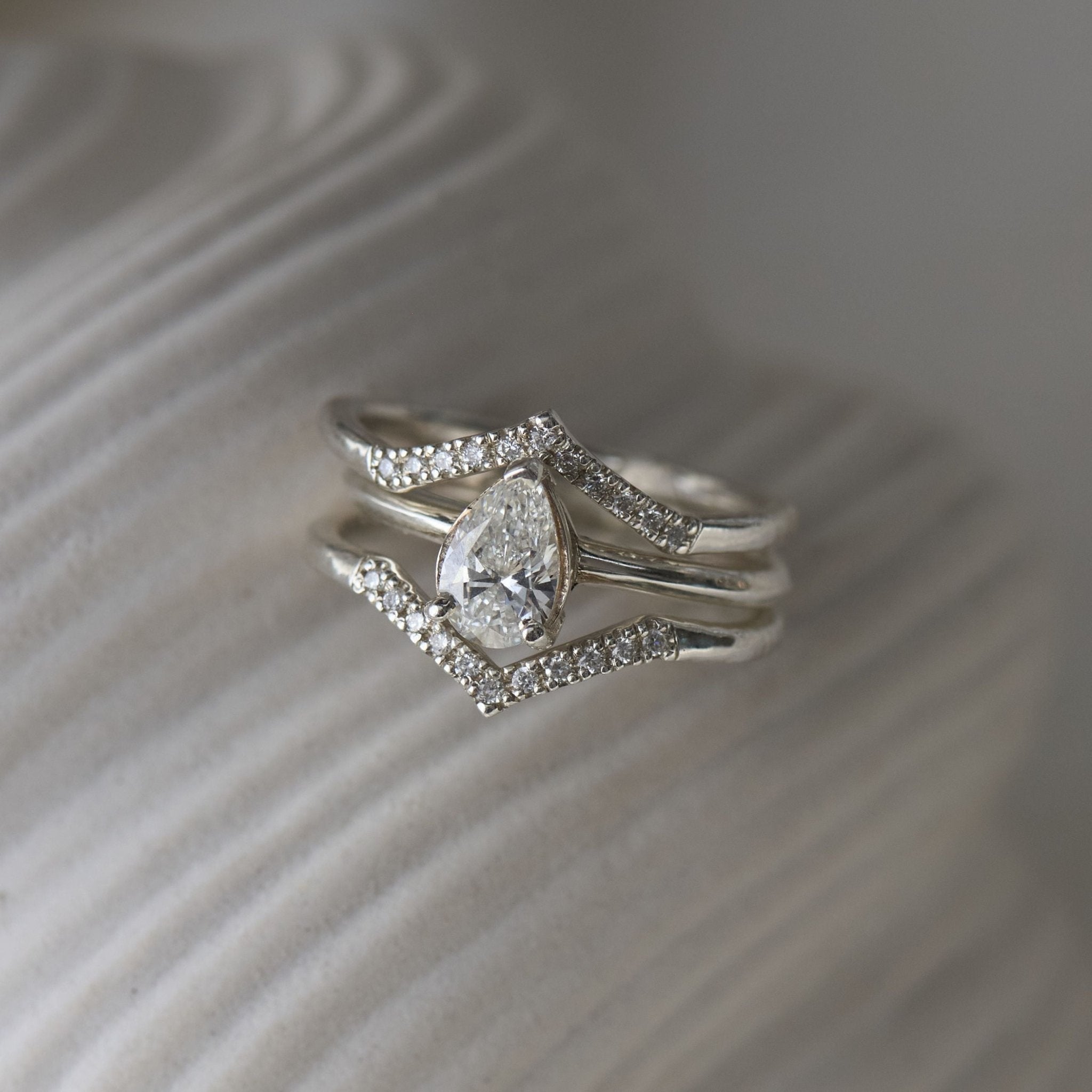 The Yara Ring - Engagement Rings UK under 1000 - Dainty London platinum pear diamond ring, ethical lab-grown diamond, white gold engagement ring, modern layered ring, boho pearl ring, sustainable luxury jewellery, handmade London ring, gift for her, contemporary estate ring, unique statement ring, natural brilliance jewellry, luxury ethical jewelry, layered stacking rings