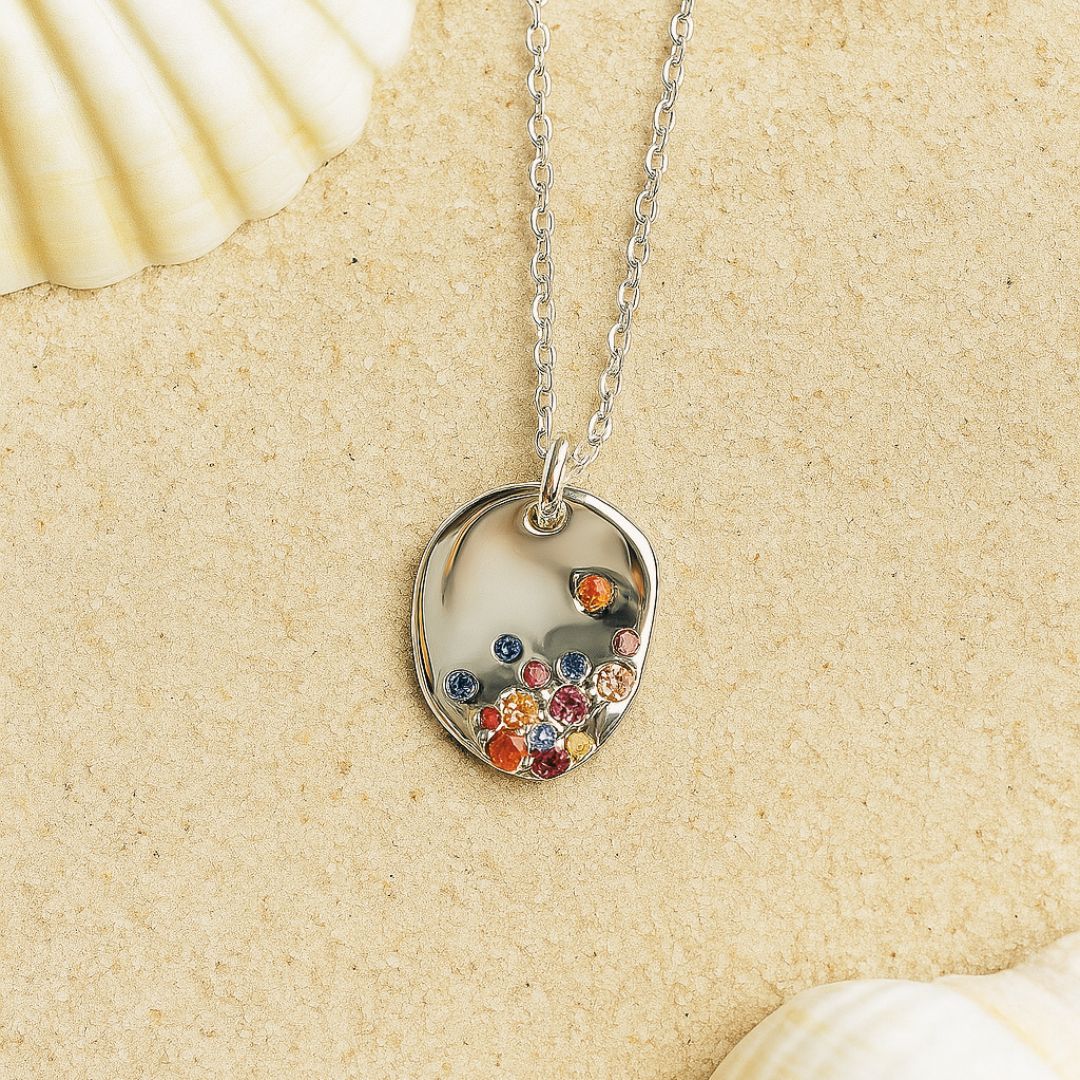 Dainty Silver Cluster Gemstone Necklace with Rainbow Gemstones - Dainty London