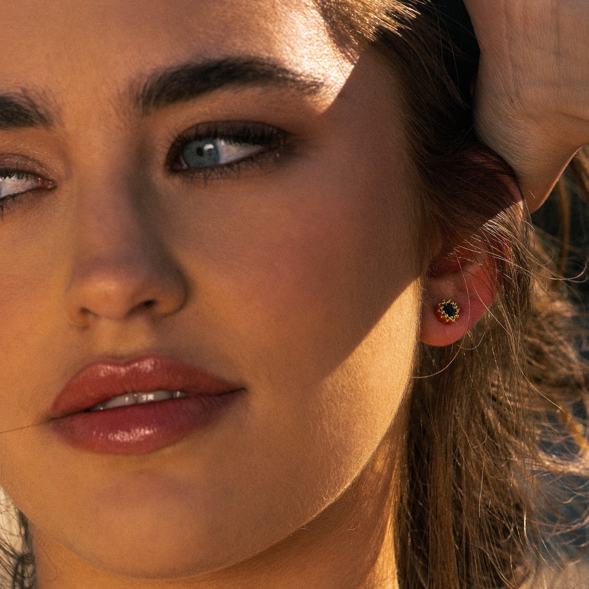 Gold Cleodora Studs - Dainty London blue topaz earrings, sterling silver jewellery, gold vermeil earrings, coastal jewellry, nature inspired earrings, gift for her, beach themed jewelry, handmade sterling silver, blue stone studs, ocean jewellery, special occasion earrings, beach gift for women, handcrafted earrings