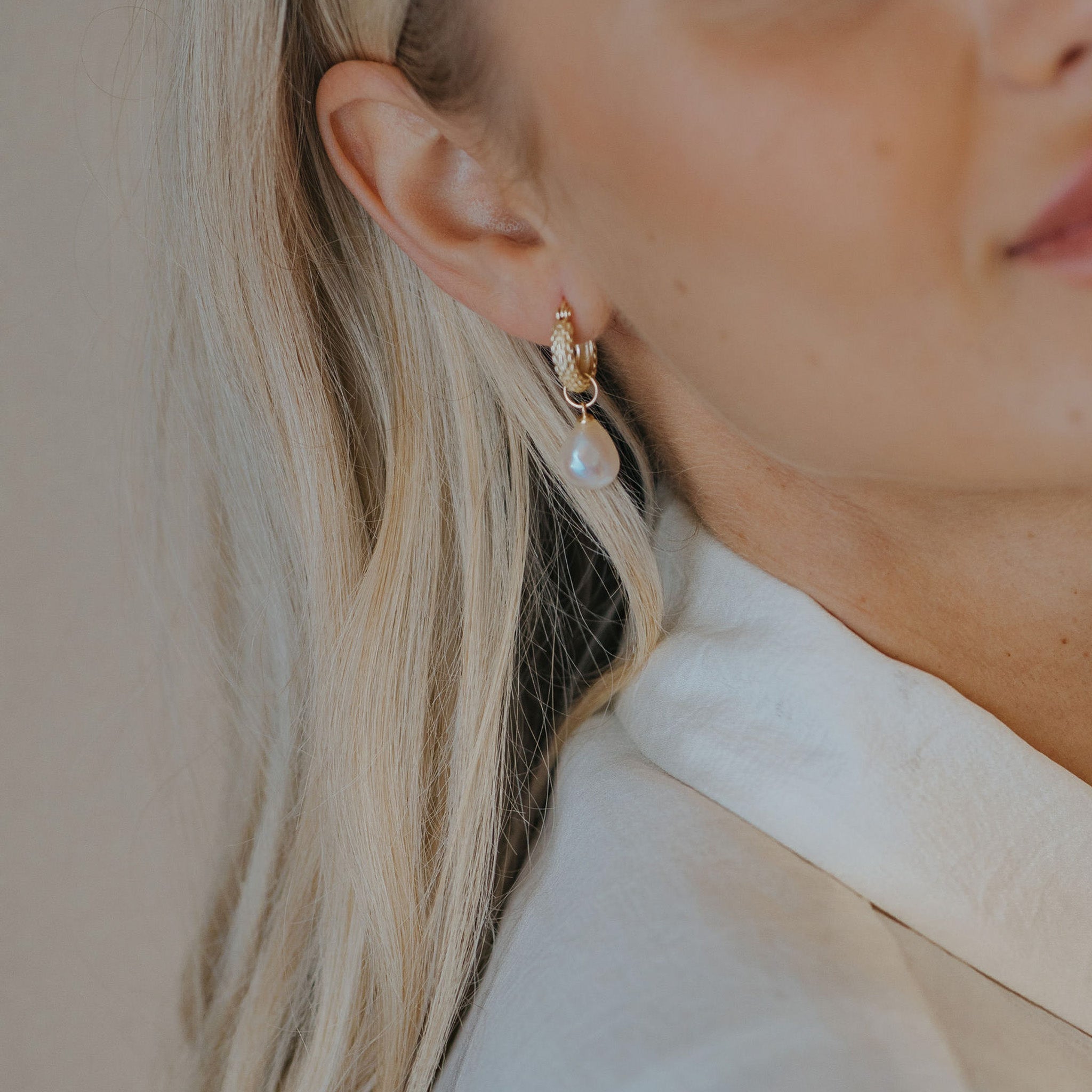 Gold Pearl Drop Earrings - Dainty London gold pearl earrings, freshwater pearl hoops, vermeil gold jewellery, elegant drop earrings, gift for her, wedding jewelry, bridal accessories, ocean blue jewellry box, timeless pearl earrings, handcrafted jewelry, anniversary gift, beach-inspired jewellery, minimalist gold earrings