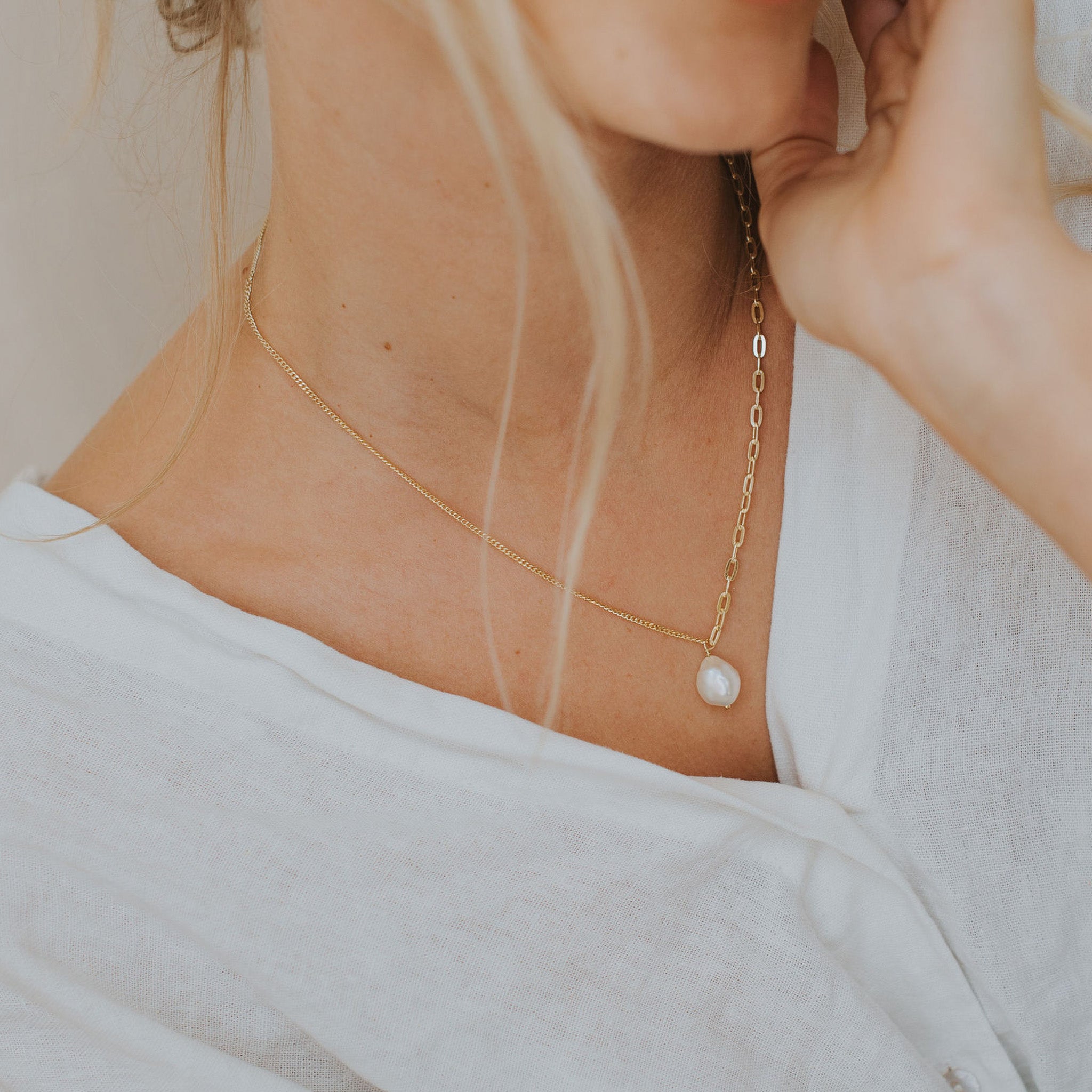 Gold Pearl Necklace - Dainty London gold pearl necklace, ivory pearl jewellery, vermeil chain necklace, layered jewellery, wedding necklace, bridesmaid gift, gift for her, ocean theme jewellry, versatile necklace, 20 inch necklace, pearl drop chain, handcrafted jewelry, stylish anniversary gift