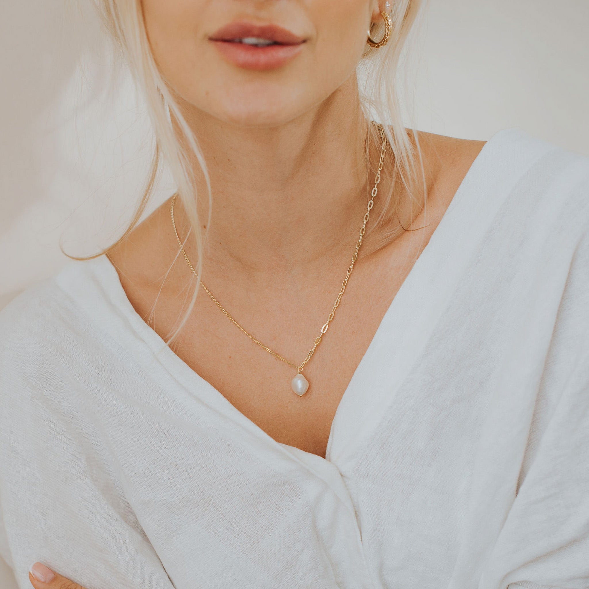 Gold Pearl Necklace - Dainty London gold pearl necklace, ivory pearl jewellery, vermeil chain necklace, layered jewellery, wedding necklace, bridesmaid gift, gift for her, ocean theme jewellry, versatile necklace, 20 inch necklace, pearl drop chain, handcrafted jewelry, stylish anniversary gift