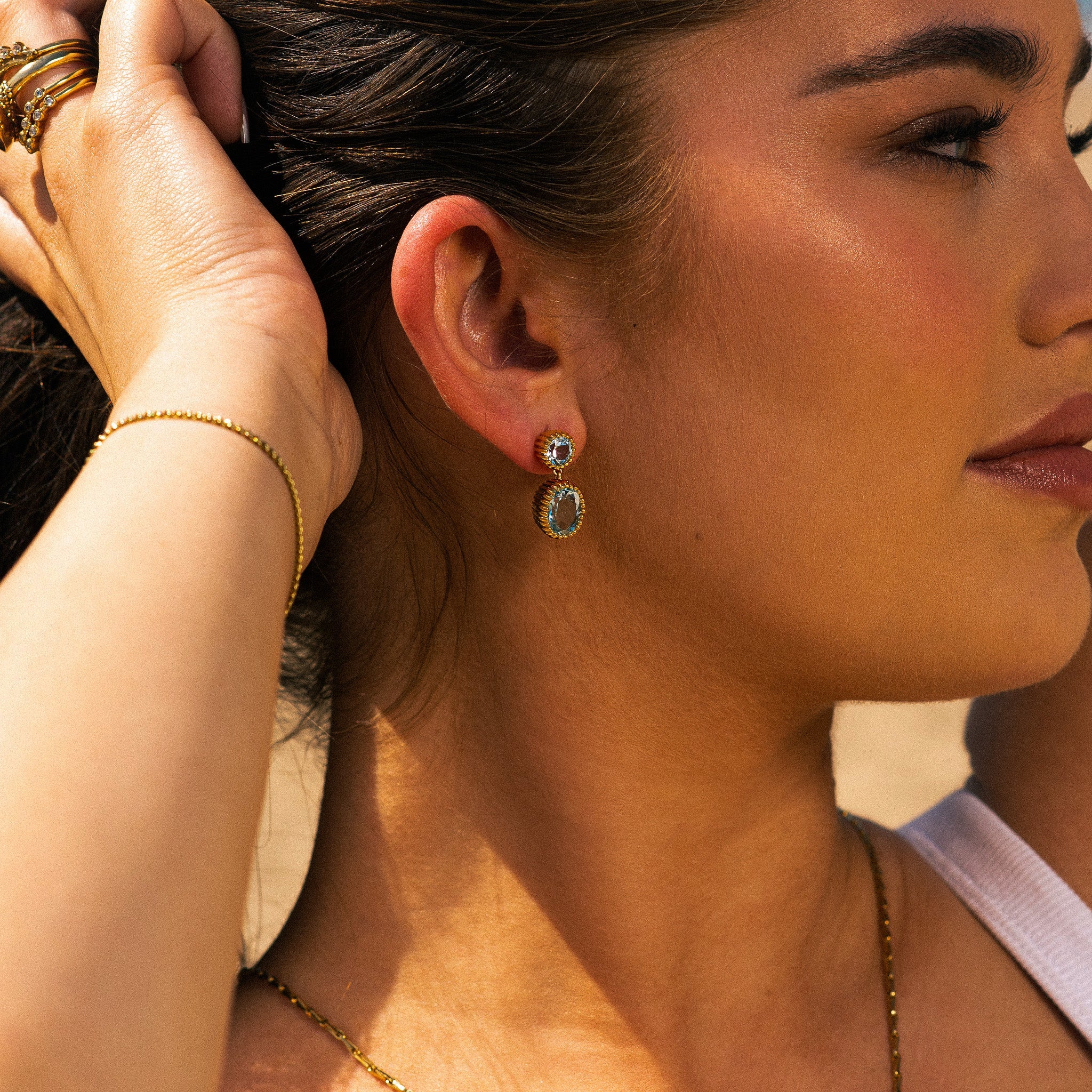 coastal jewellery, ocean-inspired earrings, sky blue topaz, statement hoops, mythology jewelry, women’s gift jewellry, gold vermeil earrings, boho style earrings, something blue bridal wedding day, beach jewelry, unique gift for her, celestial jewelry, summer accessories