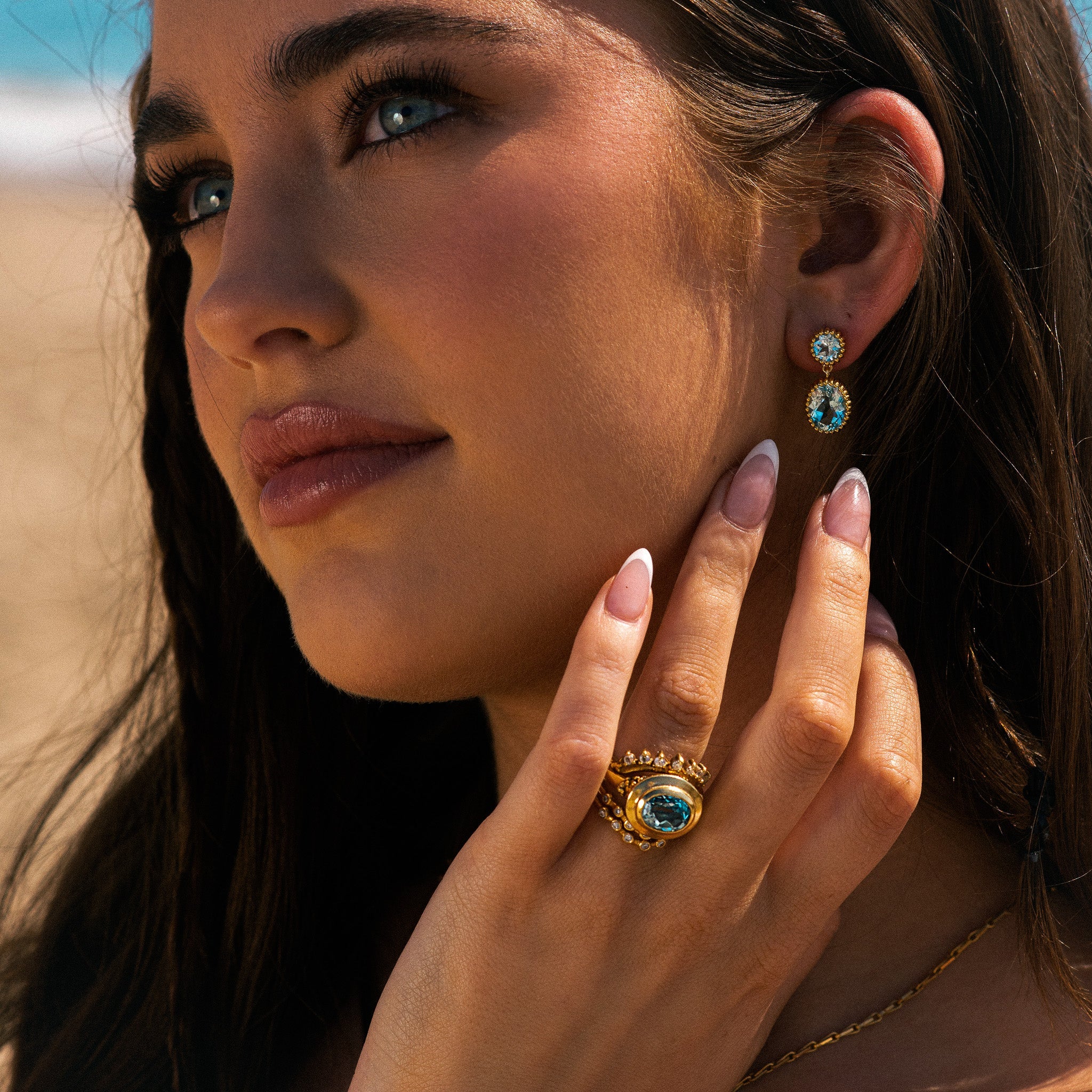 coastal jewellery, ocean-inspired earrings, sky blue topaz, statement hoops, mythology jewelry, women’s gift jewellry, gold vermeil earrings, boho style earrings, something blue bridal wedding day, beach jewelry, unique gift for her, celestial jewelry, summer accessories