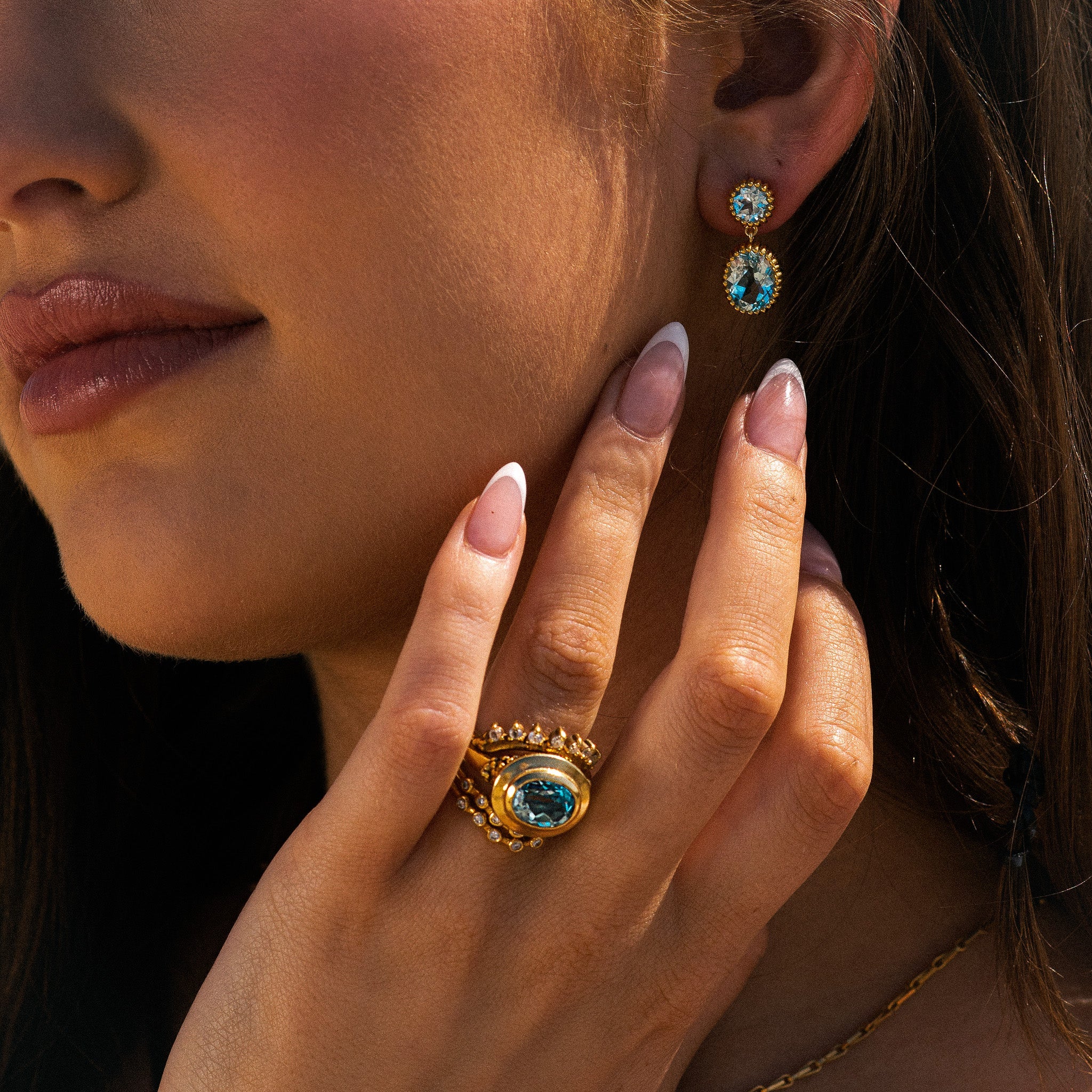 coastal jewellery, ocean-inspired earrings, sky blue topaz, statement hoops, mythology jewelry, women’s gift jewellry, gold vermeil earrings, boho style earrings, something blue bridal wedding day, beach jewelry, unique gift for her, celestial jewelry, summer accessories