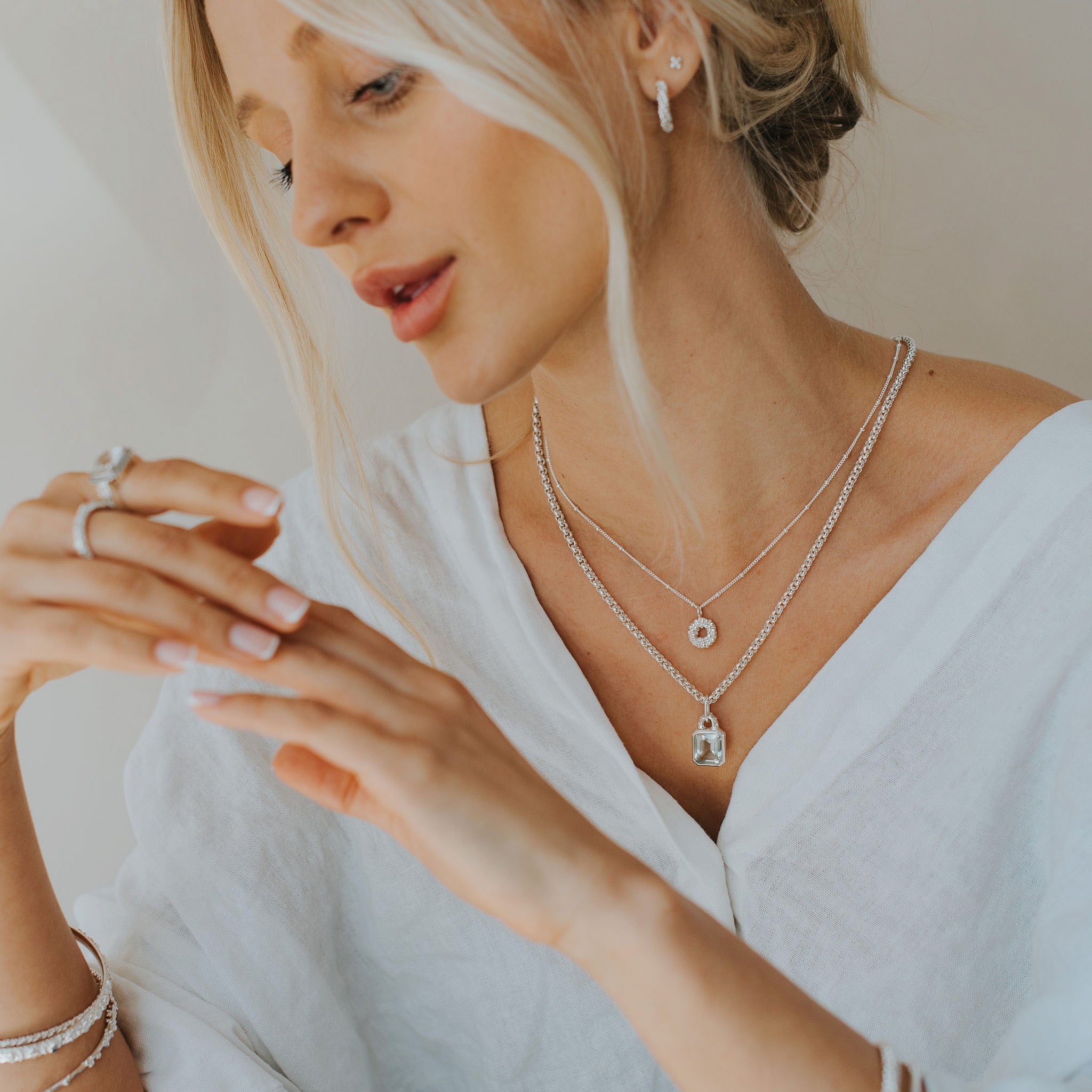 Maxi Silver Giselle Necklace - Large Green Quartz Gemstone - Sterling Silver Layered Necklaces - Dainty London