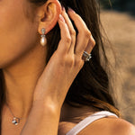 silver pearl earrings, statement wedding jewellery, bridal earrings, bridesmaids gift, coastal inspired jewellery, ocean theme earrings, anniversary gift idea, handcrafted silver earrings, nautical wedding accessories, celestial coastal earrings, unique bridal jewelry, lightweight statement earrings, elegant wedding accessories