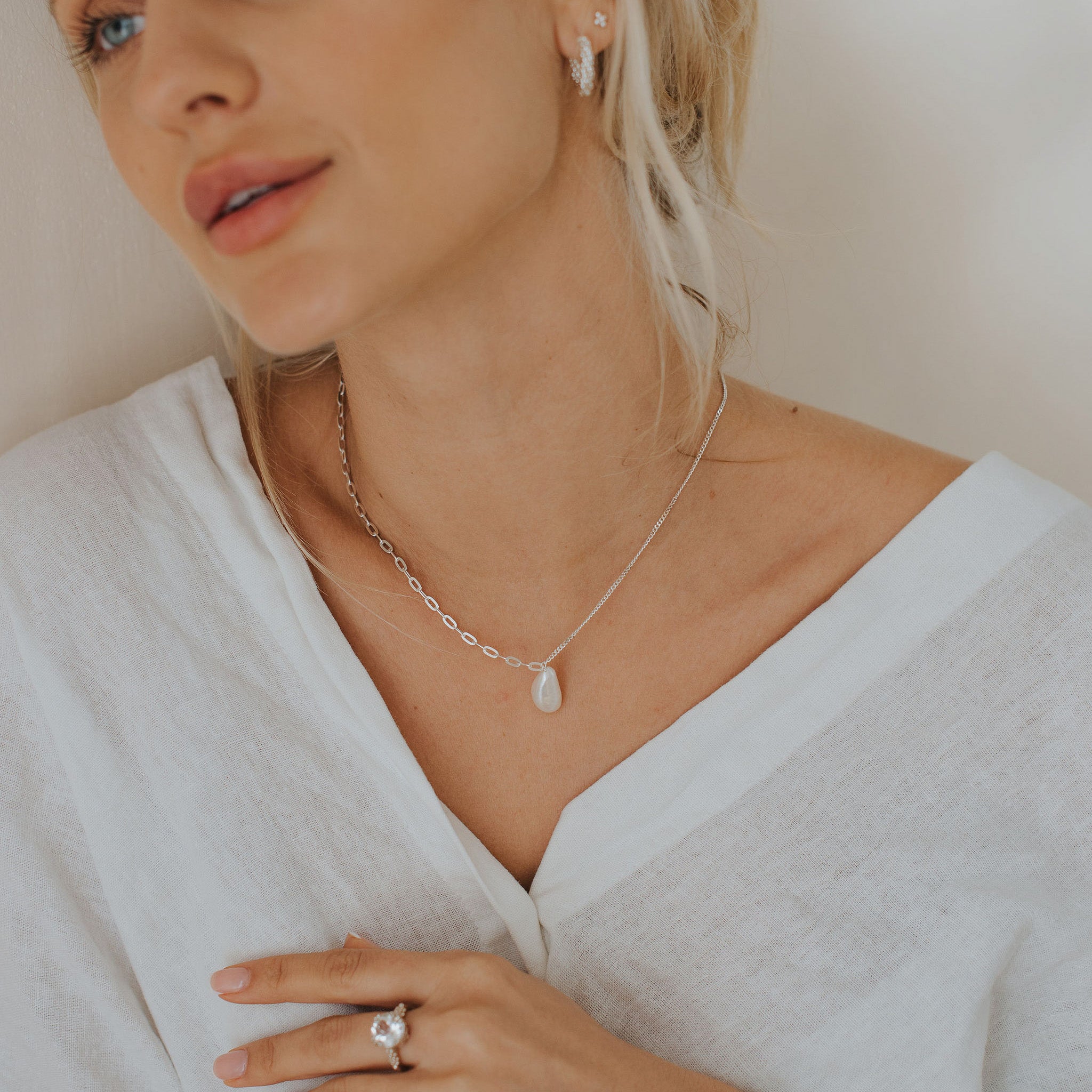 Silver Pearl Necklace - Dainty London silver pearl necklace, freshwater pearl jewellery, sterling silver jewellry, layered pearl necklace, bridesmaid gift, wedding jewelry, gift for her, elegant jewelry gift, versatile pearl necklace, anniversary gift, modern bridal chain, pearl gift for women