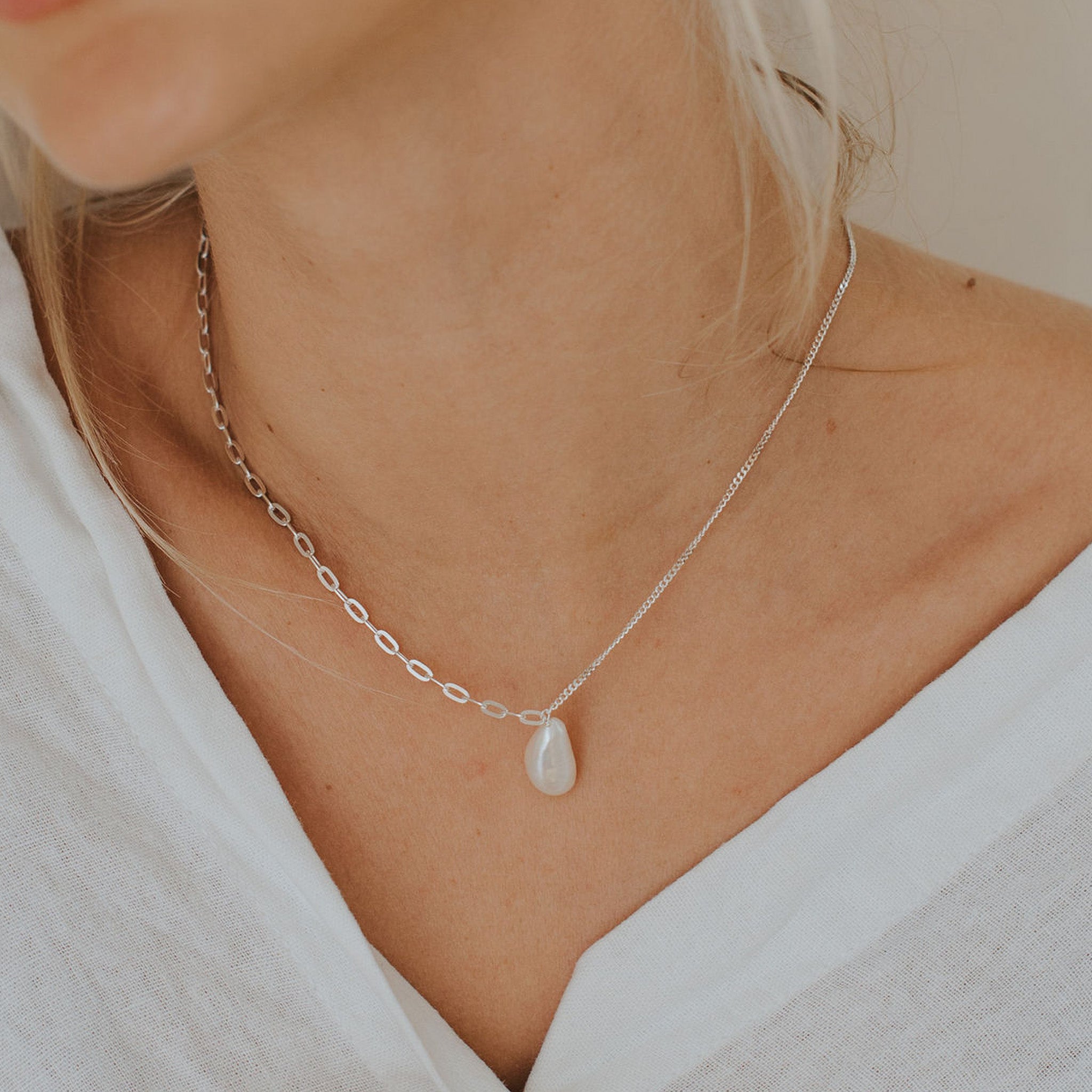 Silver Pearl Necklace - Dainty London silver pearl necklace, freshwater pearl jewellery, sterling silver jewellry, layered pearl necklace, bridesmaid gift, wedding jewelry, gift for her, elegant jewelry gift, versatile pearl necklace, anniversary gift, modern bridal chain, pearl gift for women