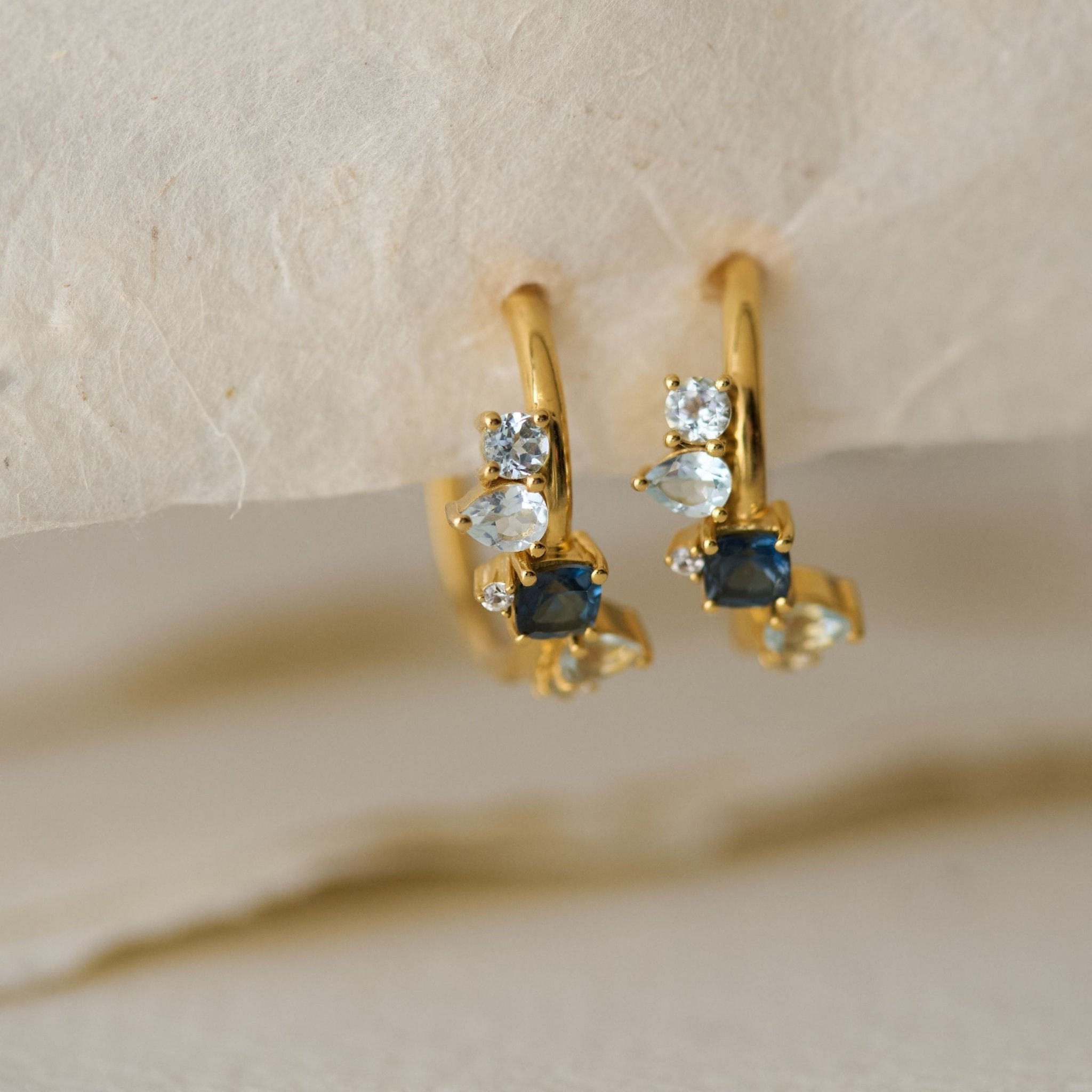 ethically sourced jewellery, topaz gemstone earrings, gold vermeil earrings, sterling silver jewellry, handmade gemstone earrings, gift for her, layered gradient earrings, elegant boho jewelry, sustainable jewellery gift, dawn to night earrings, unique gift for women, statement gemstone hoops, ethical luxury jewelry
