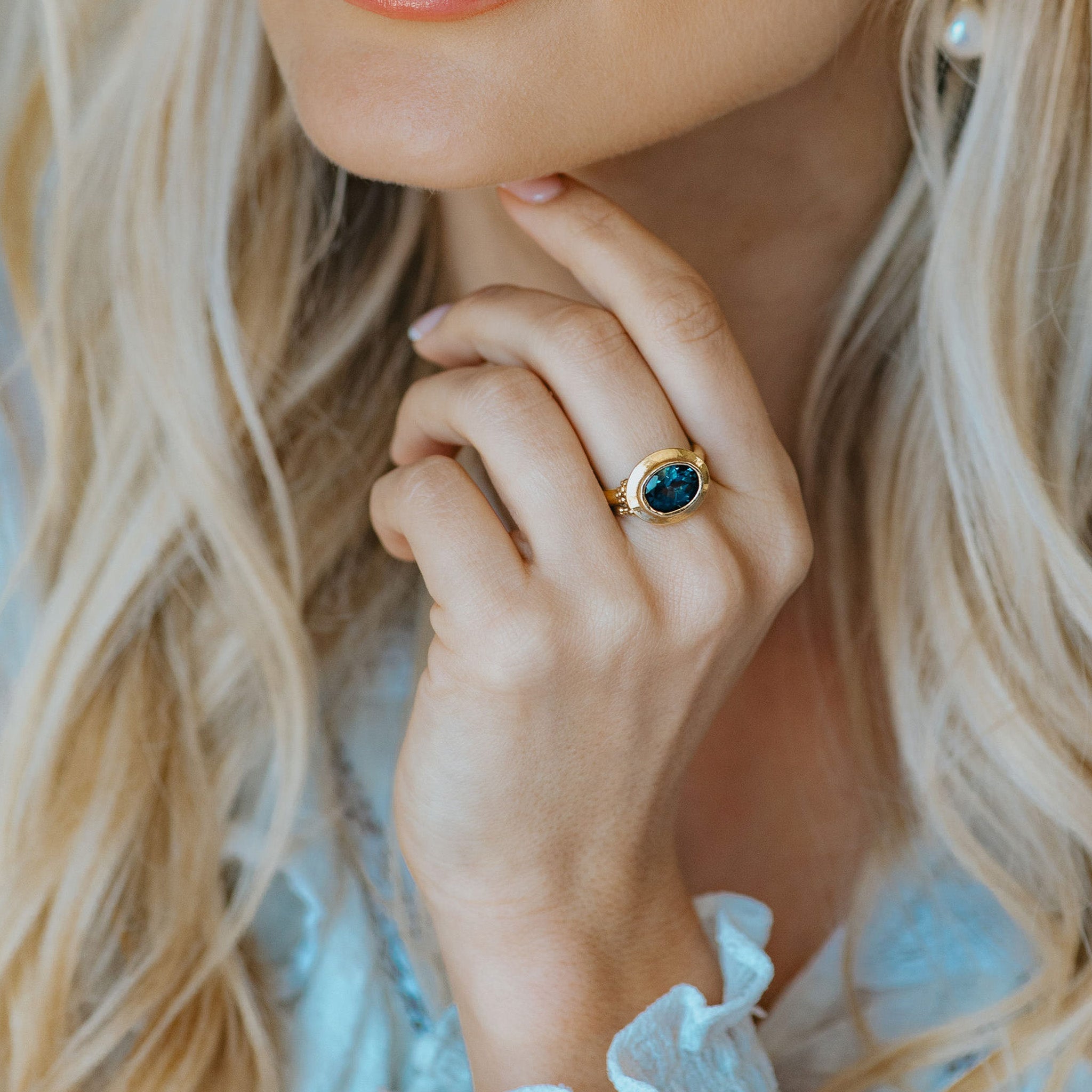 Solid Gold London Blue Topaz Luxury Ring - Calla - Dainty London solid gold ring, London Blue Topaz ring, handmade gold jewellery, custom engagement ring, blue gemstone ring, sea-inspired jewellry, luxury gold ring, handcrafted jewelry gift, special occasion ring, ethically made jewellery, personalized jewelry, gift for her, statement blue ring