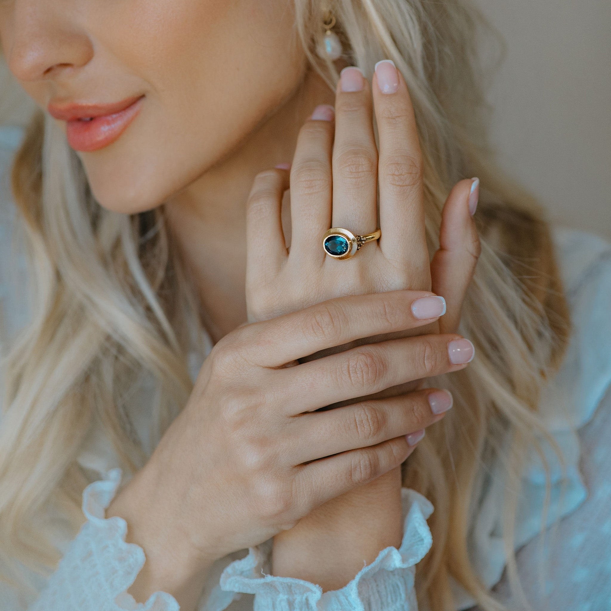 Solid Gold London Blue Topaz Luxury Ring - Calla - Dainty London solid gold ring, London Blue Topaz ring, handmade gold jewellery, custom engagement ring, blue gemstone ring, sea-inspired jewellry, luxury gold ring, handcrafted jewelry gift, special occasion ring, ethically made jewellery, personalized jewelry, gift for her, statement blue ring