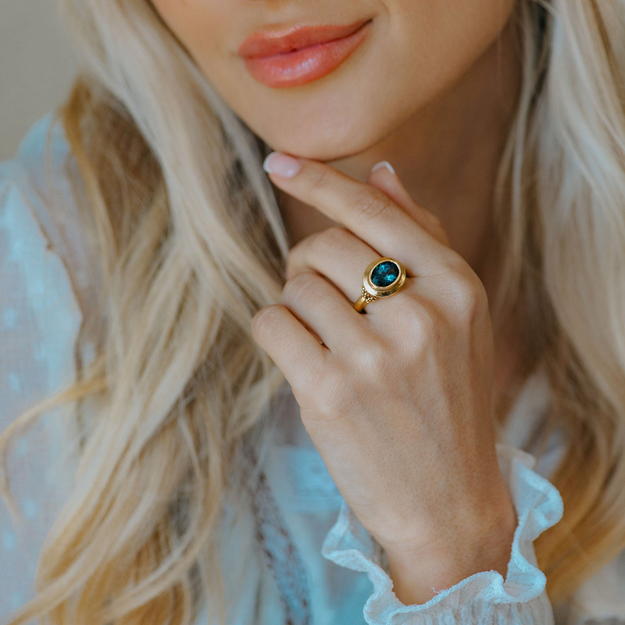 Solid Gold London Blue Topaz Luxury Ring - Calla - Dainty London solid gold ring, London Blue Topaz ring, handmade gold jewellery, custom engagement ring, blue gemstone ring, sea-inspired jewellry, luxury gold ring, handcrafted jewelry gift, special occasion ring, ethically made jewellery, personalized jewelry, gift for her, statement blue ring