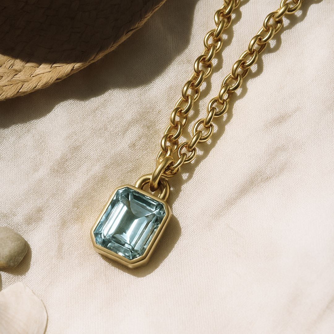 Statement Solid Gold Maxi Beryl Necklace - Seraphina - Dainty London solid gold necklace, ocean blue jewellery, gemstone pendant, statement jewellry, layered necklace, everyday luxury, ethical jewelry, handmade necklace, blue beryl, gift for women, special occasion jewellery, luxury gift, London jewelry