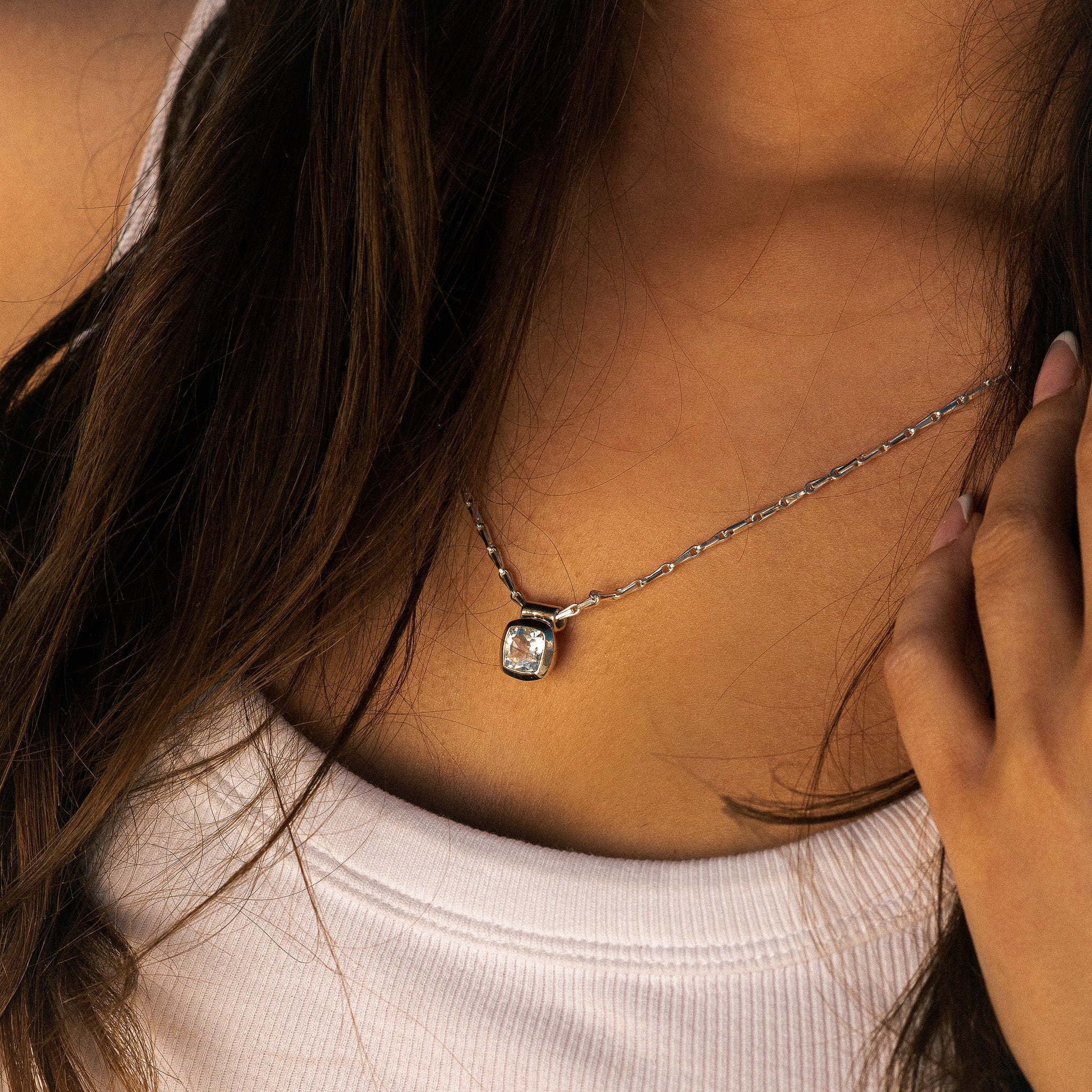 White Gold Diamond Necklace - Adamas - Dainty London white gold necklace, lab grown diamond, ethical jewellery, contemporary necklace, statement jewellry, cushion cut diamond, 20 inch necklace, layered necklace, gift for her, luxury diamond gift, sustainable jewelry, modern gold necklace, special occasion jewellery
