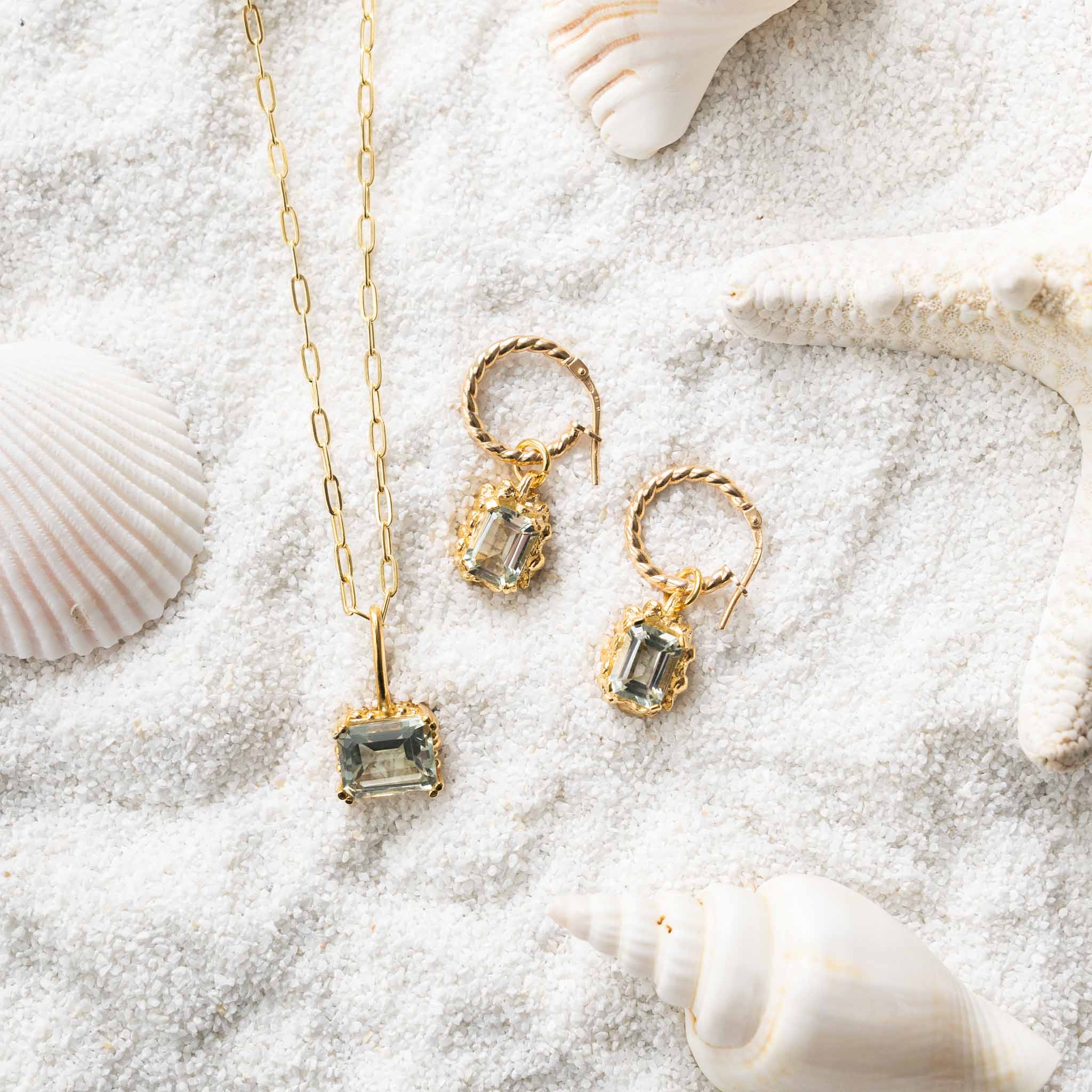 Solid Gold Large Green Quartz Necklace - Giselle - Dainty London solid gold necklace, green quartz pendant, ocean inspired jewellery, maritime necklace, nature inspired gift, handcrafted gold necklace, adjustable chain necklace, seaside jewelry, maritime treasure, elegant gold pendant, luxury gemstone necklace, gift for adventurers, ocean lover gift