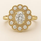 Oval Cluster Milgrain Victorian Diamond Engagement Ring - Isadora For the woman who wants something truly distinctive, a thoughtfully designed cluster that balances vintage charm with contemporary style. Bridal and Anniversary diamond engagement ring, vintage wedding band, Victorian style ring, lab grown diamond ring, eco-friendly engagement, unique bridal ring, handmade wedding ring, modern vintage ring, organic cluster ring, fine jewelry gift, special occasion ring, sustainable luxury gift,