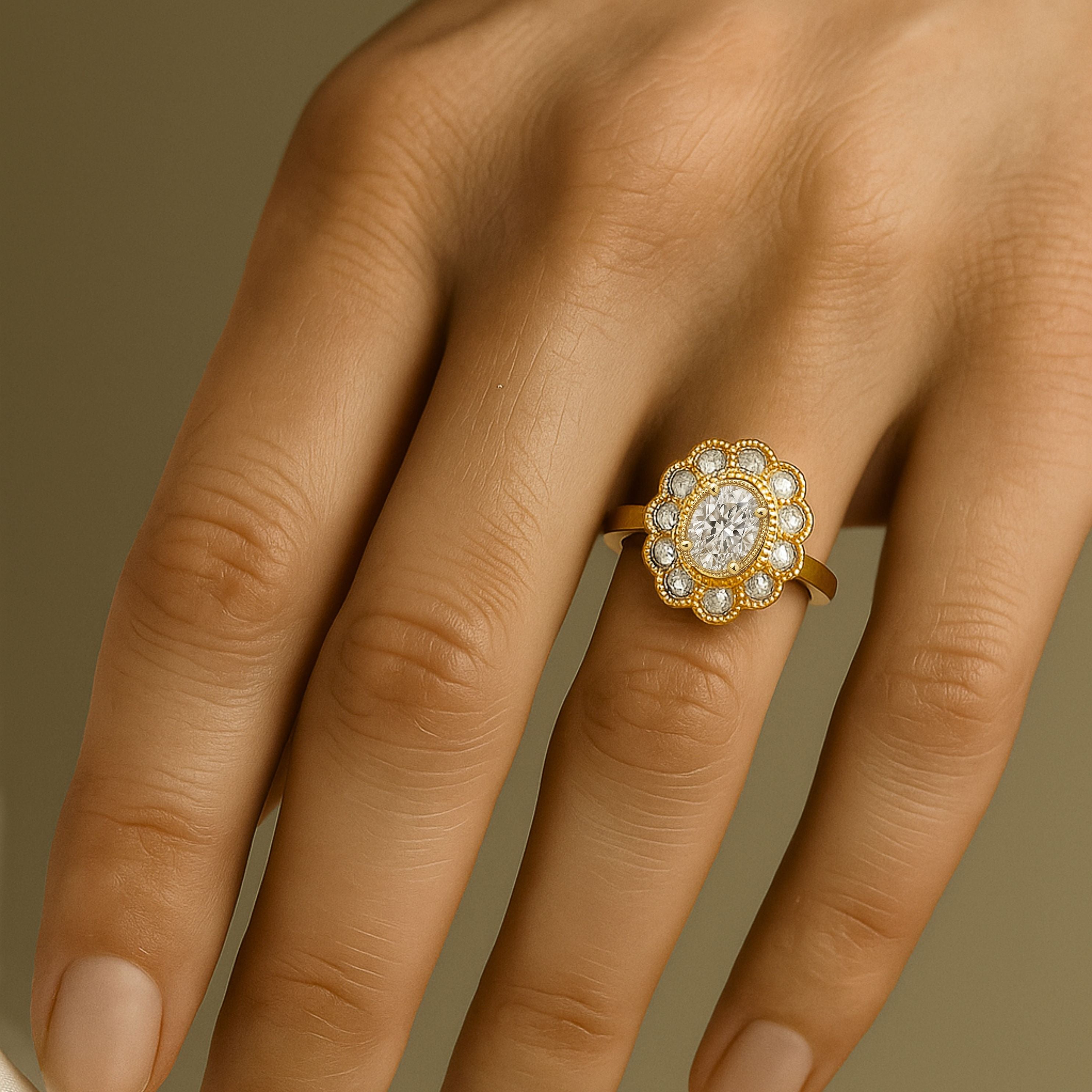 Oval Cluster Milgrain Victorian Diamond Engagement Ring - Isadora For the woman who wants something truly distinctive, a thoughtfully designed cluster that balances vintage charm with contemporary style. Bridal and Anniversary diamond engagement ring, vintage wedding band, Victorian style ring, lab grown diamond ring, eco-friendly engagement, unique bridal ring, handmade wedding ring, modern vintage ring, organic cluster ring, fine jewelry gift, special occasion ring, sustainable luxury gift,