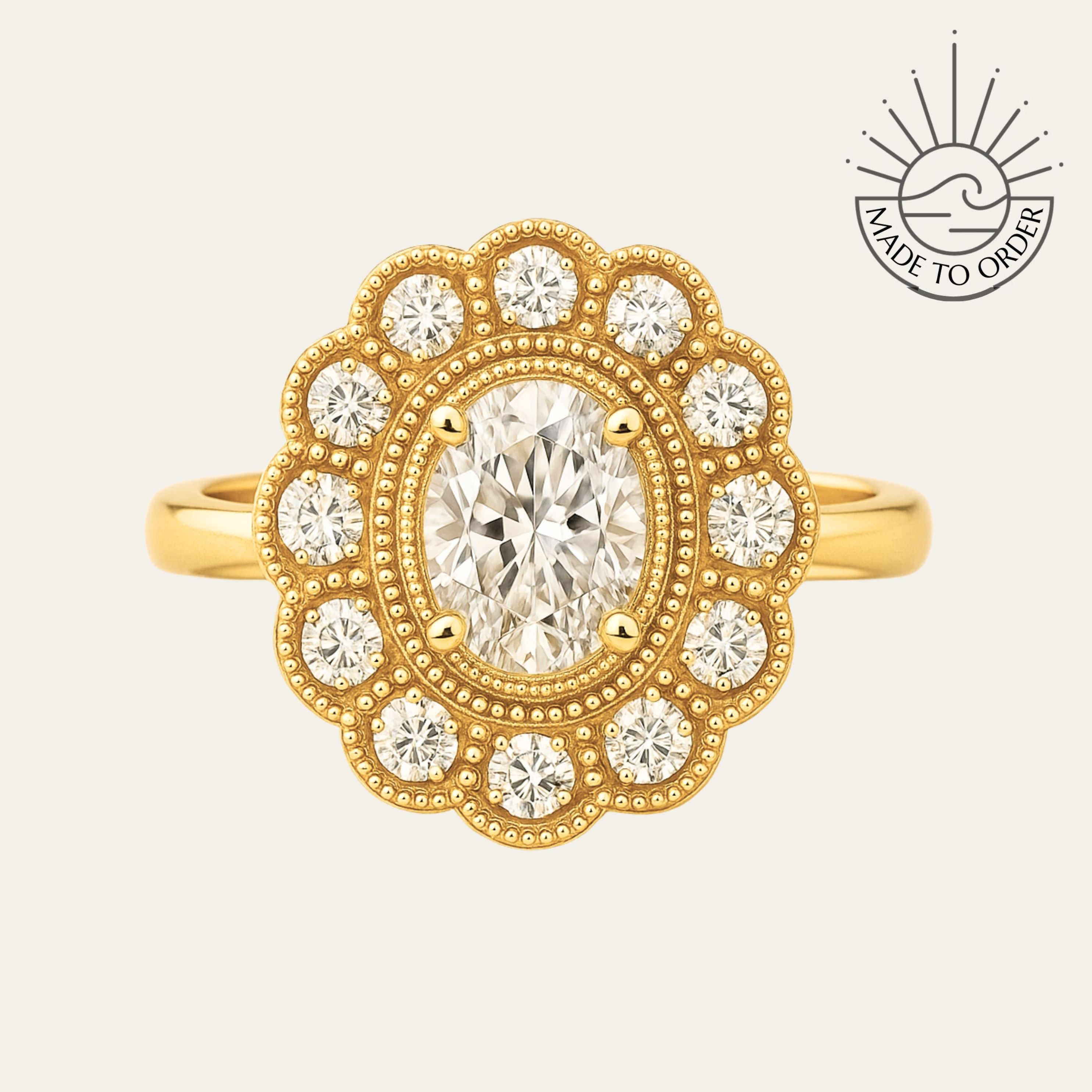 Oval Cluster Milgrain Victorian Diamond Engagement Ring - Isadora For the woman who wants something truly distinctive, a thoughtfully designed cluster that balances vintage charm with contemporary style. Bridal and Anniversary diamond engagement ring, vintage wedding band, Victorian style ring, lab grown diamond ring, eco-friendly engagement, unique bridal ring, handmade wedding ring, modern vintage ring, organic cluster ring, fine jewelry gift, special occasion ring, sustainable luxury gift,