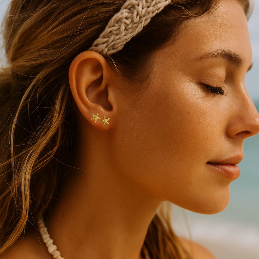 coastal jewellery, nautical earrings, starfish stud earrings, ocean lover gift, beach jewellry, boho earrings, everyday studs, silver gold vermeil, small beach earrings, sailor gift, layered jewelry, gift for her, ocean theme jewellery