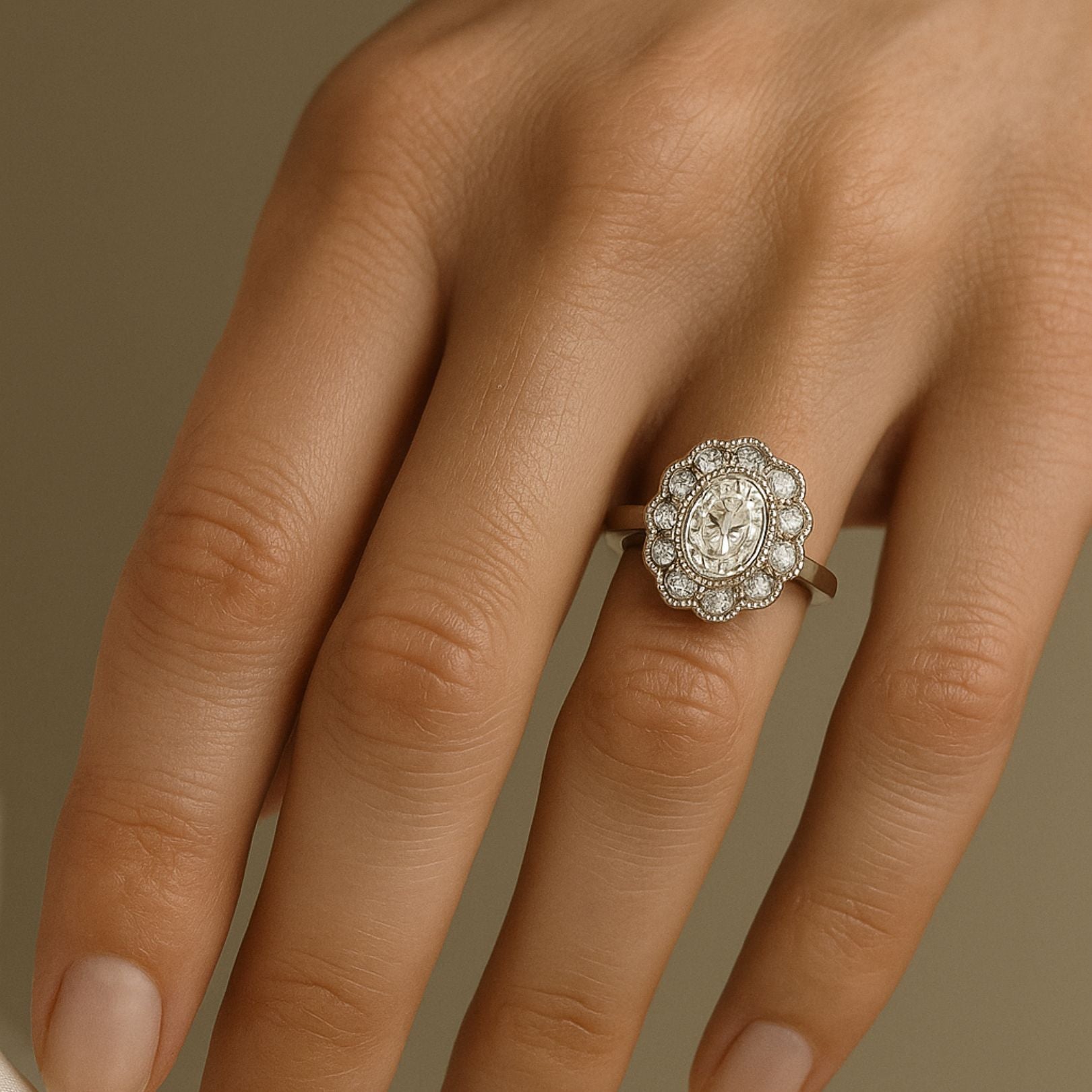 Oval Cluster Milgrain Victorian Diamond Engagement Ring - Isadora For the woman who wants something truly distinctive, a thoughtfully designed cluster that balances vintage charm with contemporary style. Bridal and Anniversary diamond engagement ring, vintage wedding band, Victorian style ring, lab grown diamond ring, eco-friendly engagement, unique bridal ring, handmade wedding ring, modern vintage ring, organic cluster ring, fine jewelry gift, special occasion ring, sustainable luxury gift,