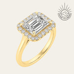 18ct gold engagement ring, emerald cut diamond ring, halo engagement ring, handmade wedding ring, ethical diamond ring, modern bridal jewelry, geometric engagement ring, handcrafted England ring, sustainable wedding band, anniversary gift, luxury engagement ring, contemporary bridal ring, elegant diamond ring