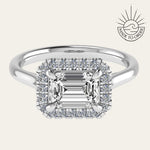 white gold engagement ring, emerald cut diamond ring, halo engagement ring, handmade wedding ring, ethical diamond ring, modern bridal jewelry, geometric engagement ring, handcrafted England ring, sustainable wedding band, anniversary gift, luxury engagement ring, contemporary bridal ring, elegant diamond ring