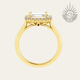 18ct gold engagement ring, emerald cut diamond ring, halo engagement ring, handmade wedding ring, ethical diamond ring, modern bridal jewelry, geometric engagement ring, handcrafted England ring, sustainable wedding band, anniversary gift, luxury engagement ring, contemporary bridal ring, elegant diamond ring