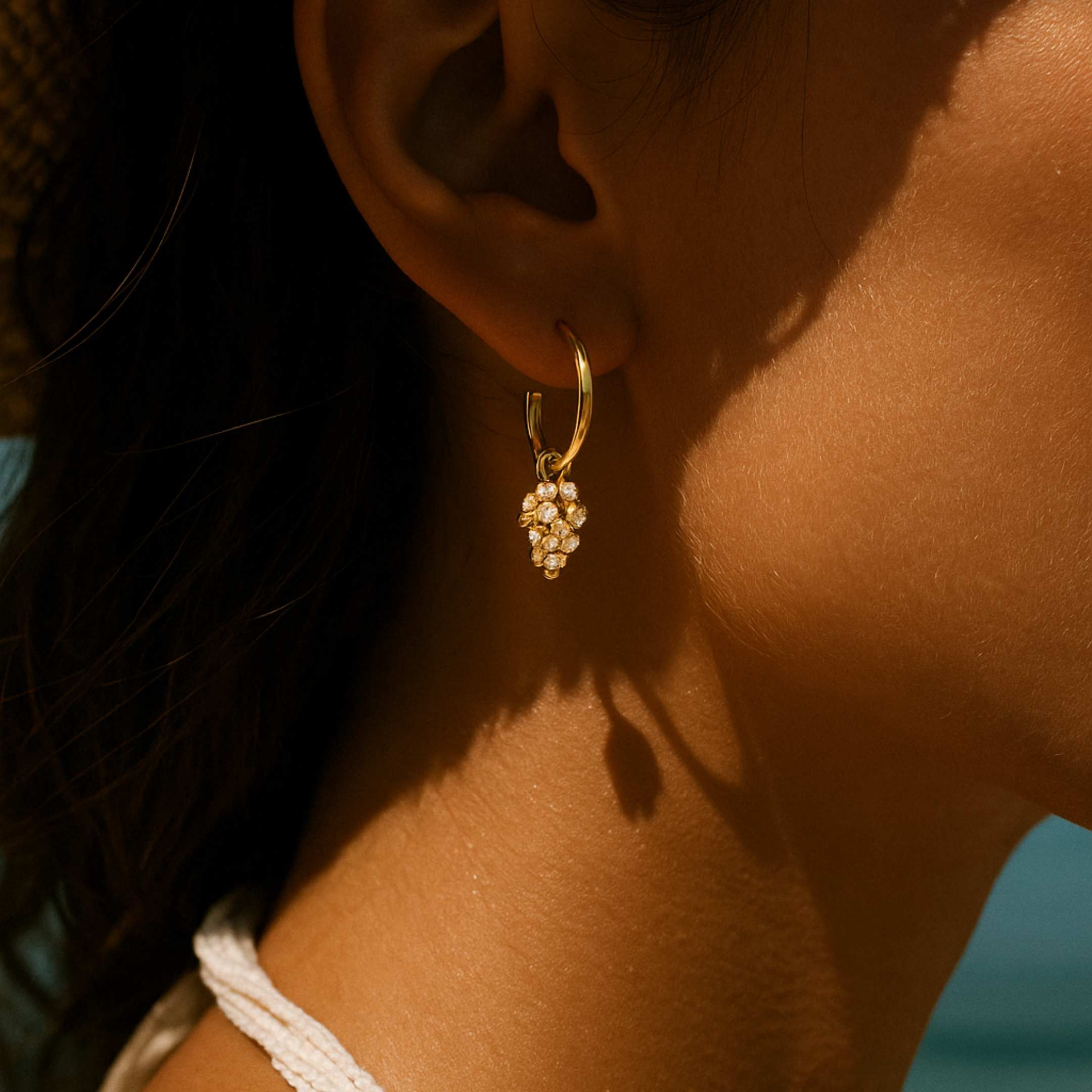 gold vermeil earrings, celestial hoop jewellery, coastal inspired earrings, dainty gemstone hoops, wedding jewellry jewelry, British jewellery design, lunar celestial earrings, gift for her, boho coastal earrings, lightweight gemstone hoops, statement everyday jewellery, topaz gemstone earrings, natural marine texture jewelry