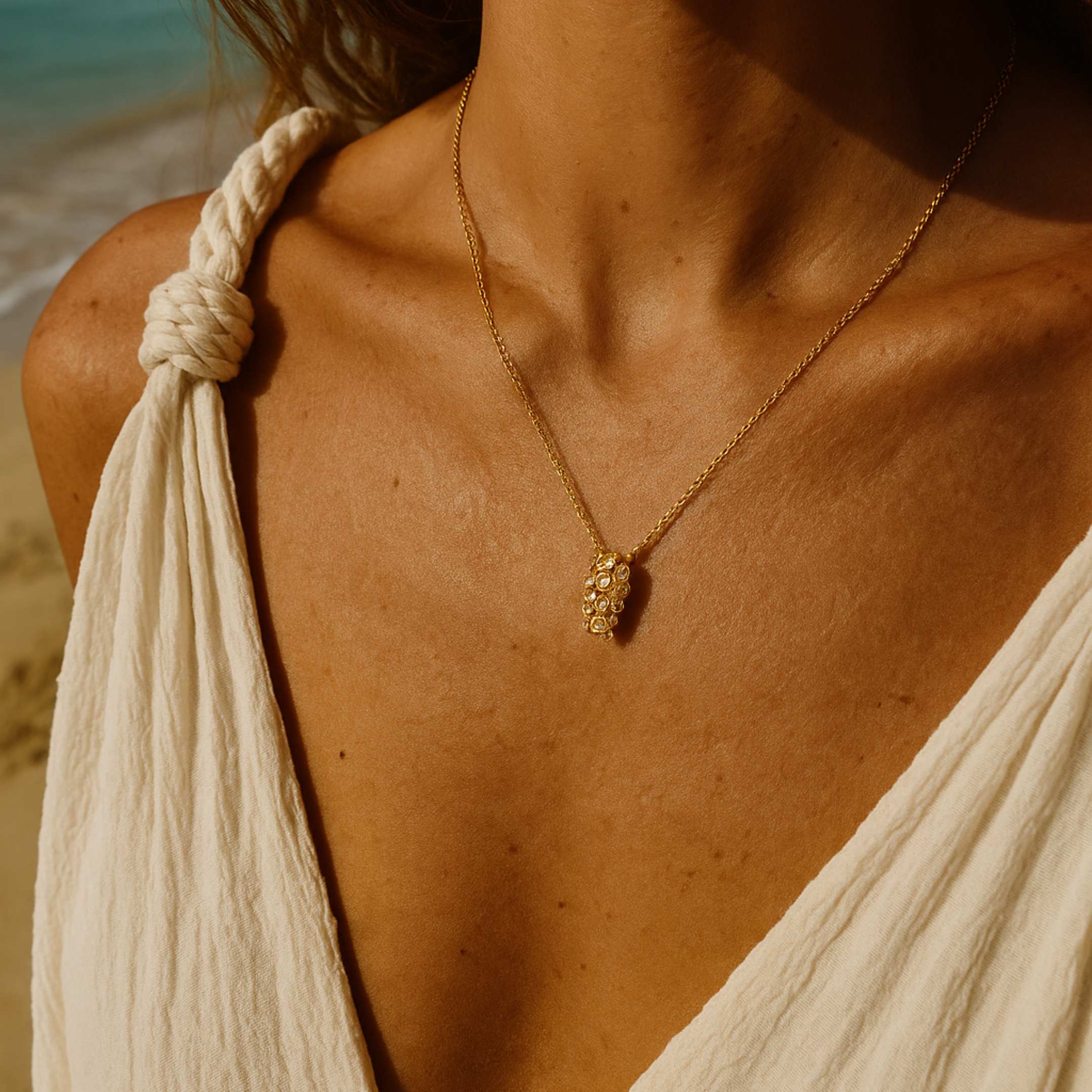 Coastal barnacle jewellery, nautical diamond necklace, adjustable pendant, seaside marine texture, celestial jewelry, gift for her, ocean inspired, white topaz