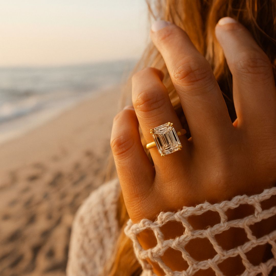 Gold Moissanite Diamond Ring - Livia - Dainty London moissanite engagement ring, ethical gold jewellery, sustainable diamond ring, statement gold ring, octagonal gemstone, handcrafted luxury, eco-friendly engagement, gold jewellry gift, modern luxury ring, anniversary gift, fine jewelry women, ethical gemstone ring, designer statement ring