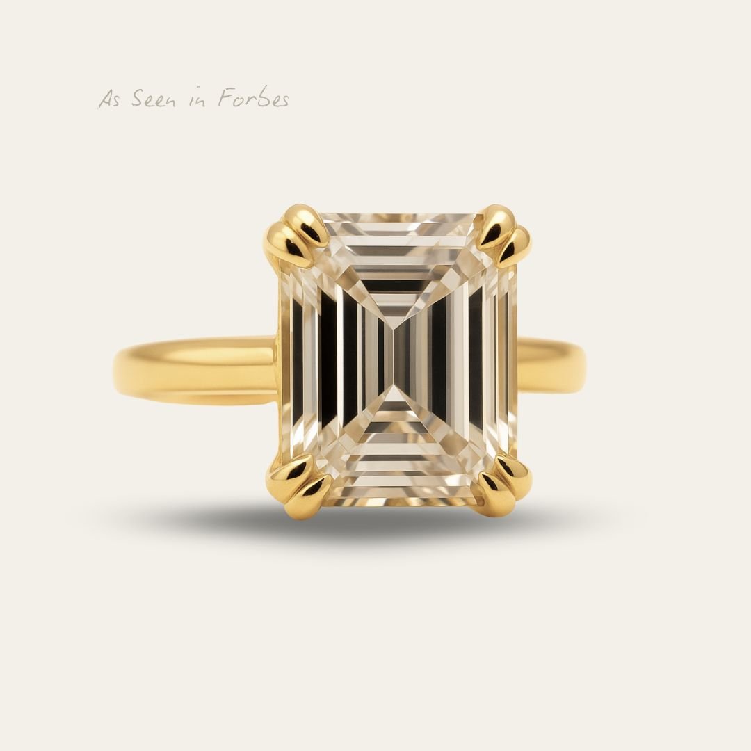 Gold Moissanite Diamond Ring - Livia - Dainty London moissanite engagement ring, ethical gold jewellery, sustainable diamond ring, statement gold ring, octagonal gemstone, handcrafted luxury, eco-friendly engagement, gold jewellry gift, modern luxury ring, anniversary gift, fine jewelry women, ethical gemstone ring, designer statement ring