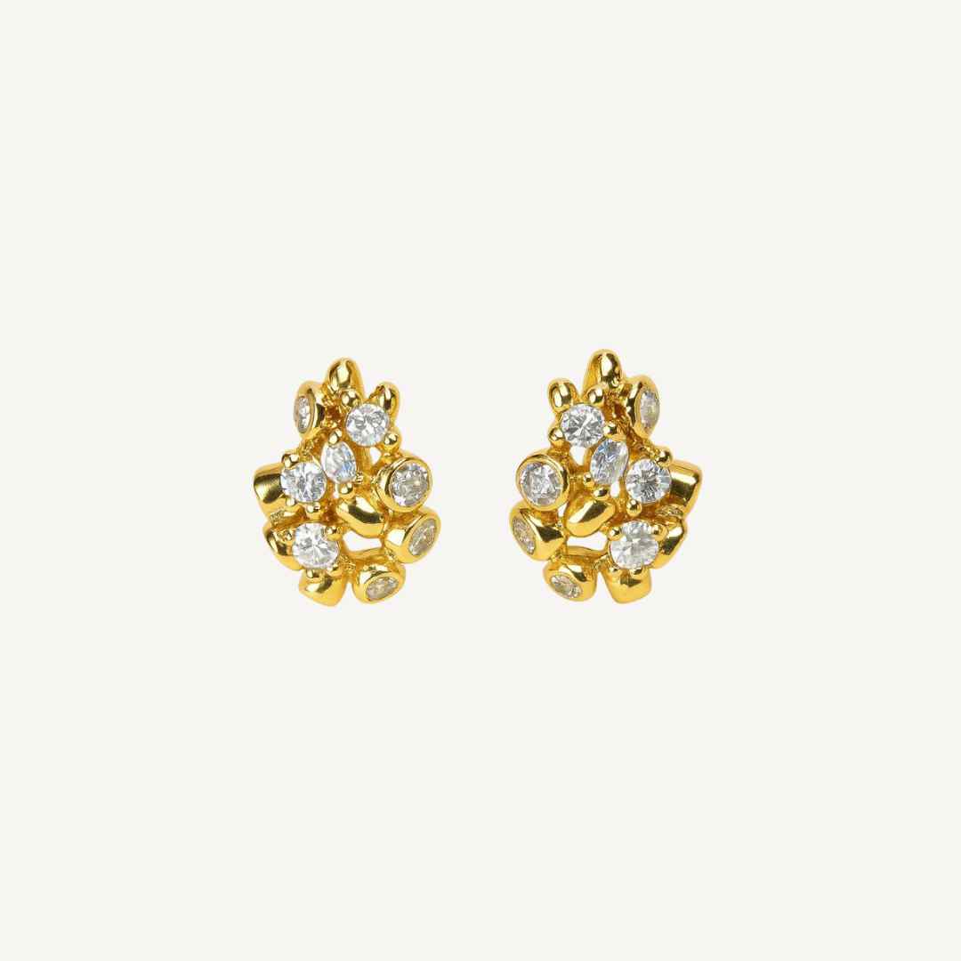 Gold vermeil celestial stud earrings with white topaz gems. British coastal-inspired design, perfect bridal bridesmaid wedding jewellery & everyday dainty studs