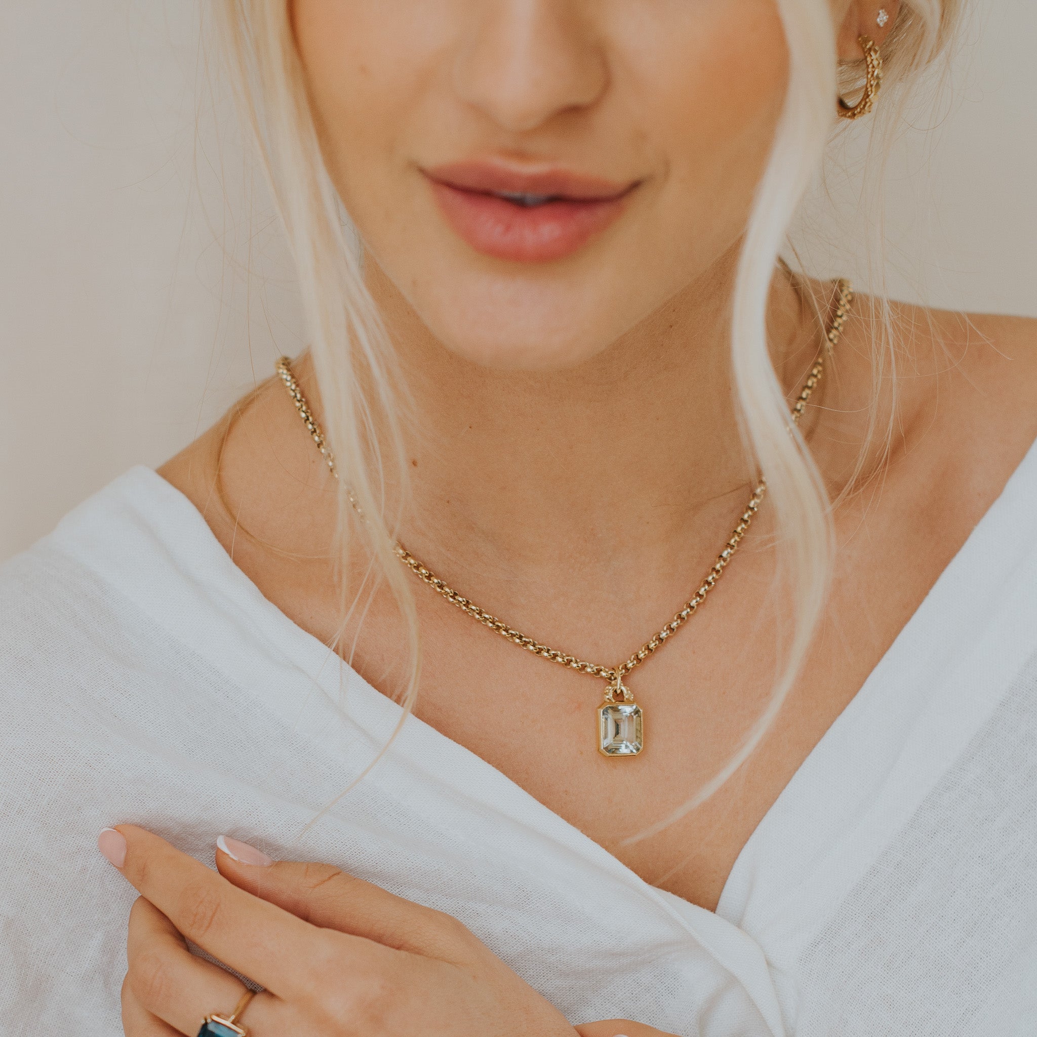 Maxi Gold Green Quartz Necklace - Giselle - Dainty London, ocean necklace, green quartz jewellery, coastal jewellry gift, sea inspired pendant, sterling silver necklace, vermeil gold jewelry, birthday gift idea, anniversary jewelry, wedding gift, statement gemstone necklace, layered necklace, chunky belcher chain, nautical jewelry