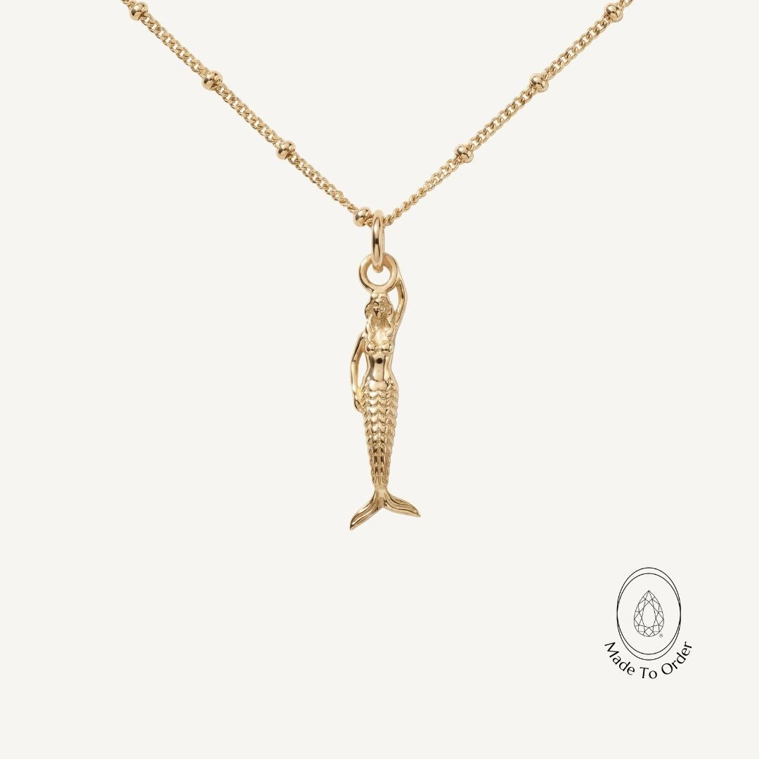 Mini Zennor Mermaid Gold Necklace - Dainty London corsic jewellery, mermaid necklace, Cornwall folklore, ocean jewelry, maritime gift, sea lover jewellery, celestial necklace, handmade jewelry, beach jewelry, coastal gift, gold seaside jewelry, folklore necklace, unique ocean gift