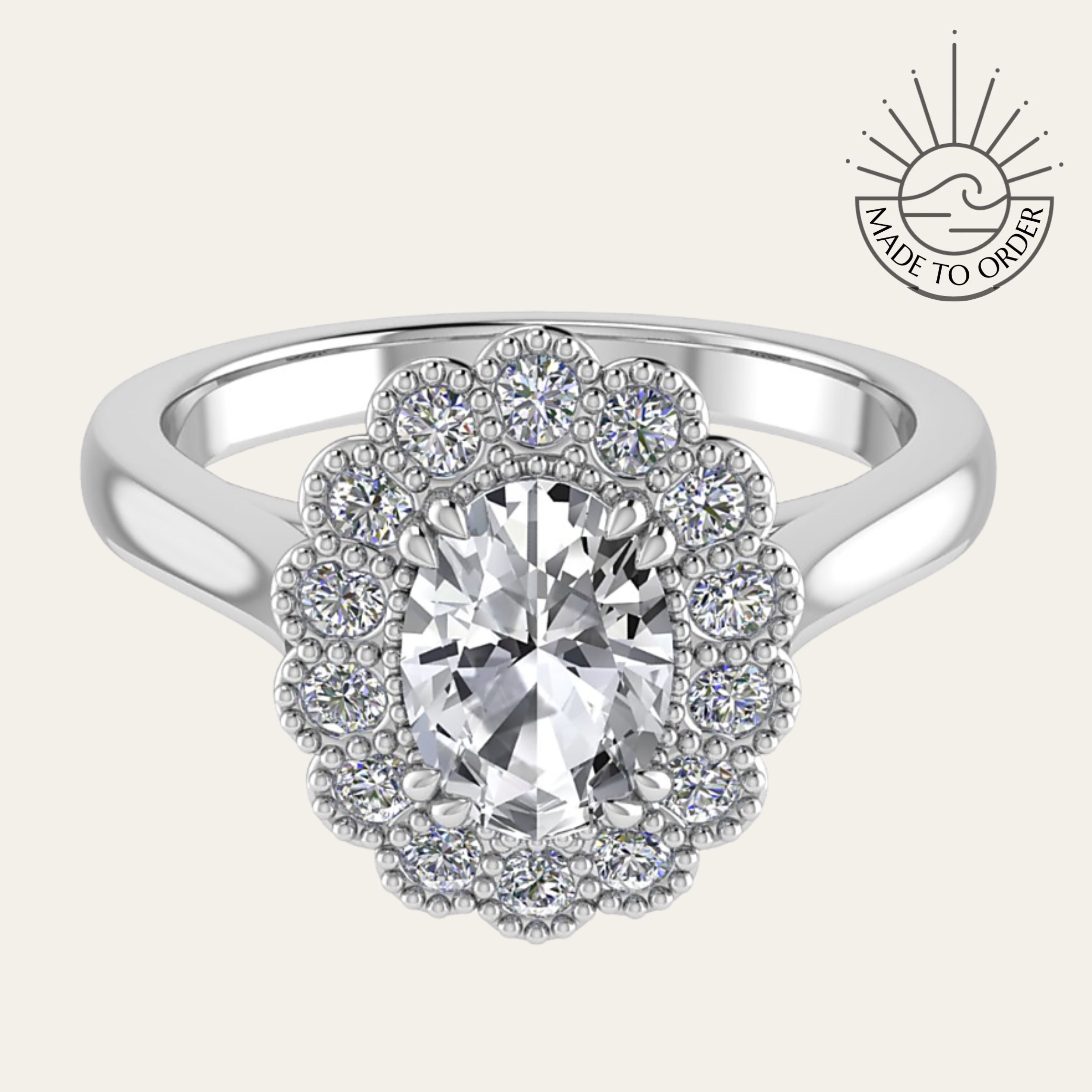 Oval Cluster Milgrain Victorian Diamond Engagement Ring - Isadora For the woman who wants something truly distinctive, a thoughtfully designed cluster that balances vintage charm with contemporary style. Bridal and Anniversary diamond engagement ring, vintage wedding band, Victorian style ring, lab grown diamond ring, eco-friendly engagement, unique bridal ring, handmade wedding ring, modern vintage ring, organic cluster ring, fine jewelry gift, special occasion ring, sustainable luxury gift,