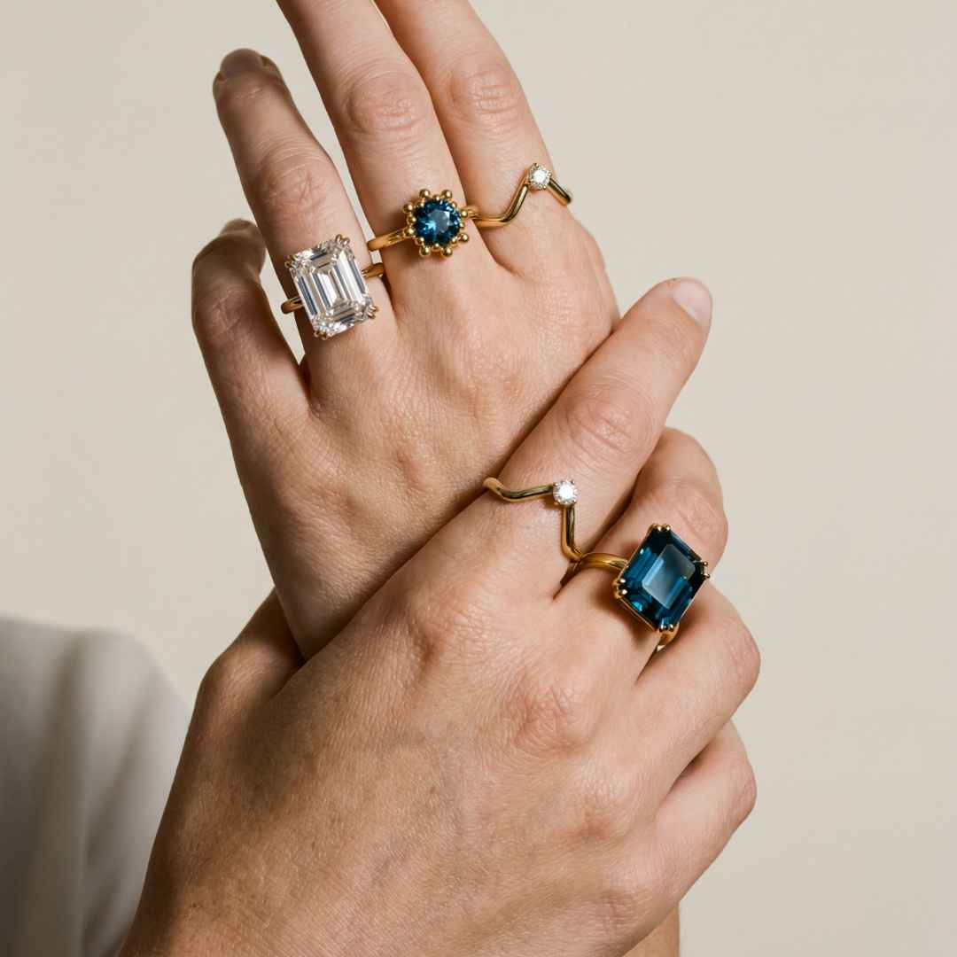 Solid Gold London Blue Topaz Ring - Cleodora - Dainty London London Fashion Week Cleodora Ring | Electric Blue Topaz & 9ct Fairtrade Gold | Liberty & Selfridges Style | Award-Winning British Design | Best Jewellery Design