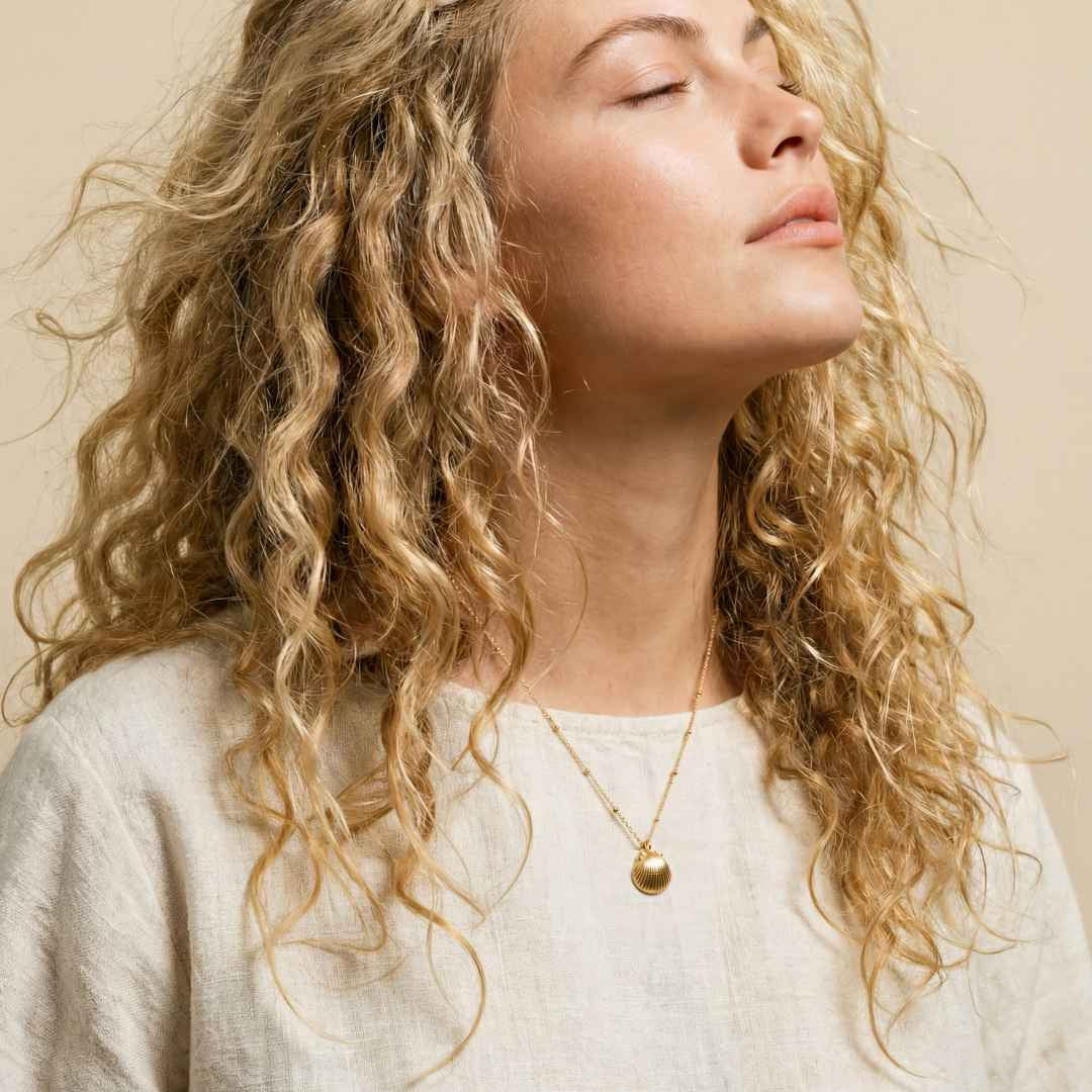 Solid Gold Seashell Necklace - Luxury layered necklaces - Dainty London solid gold seashell necklace, beach jewellery, coastal jewellry, mermaid jewelry, ocean inspired necklace, fairtrade gold necklace, seaside gift, handcrafted gold necklace, beach lover gift, sea shell pendant, summer jewelry, mermaid gift, ocean lover jewelry