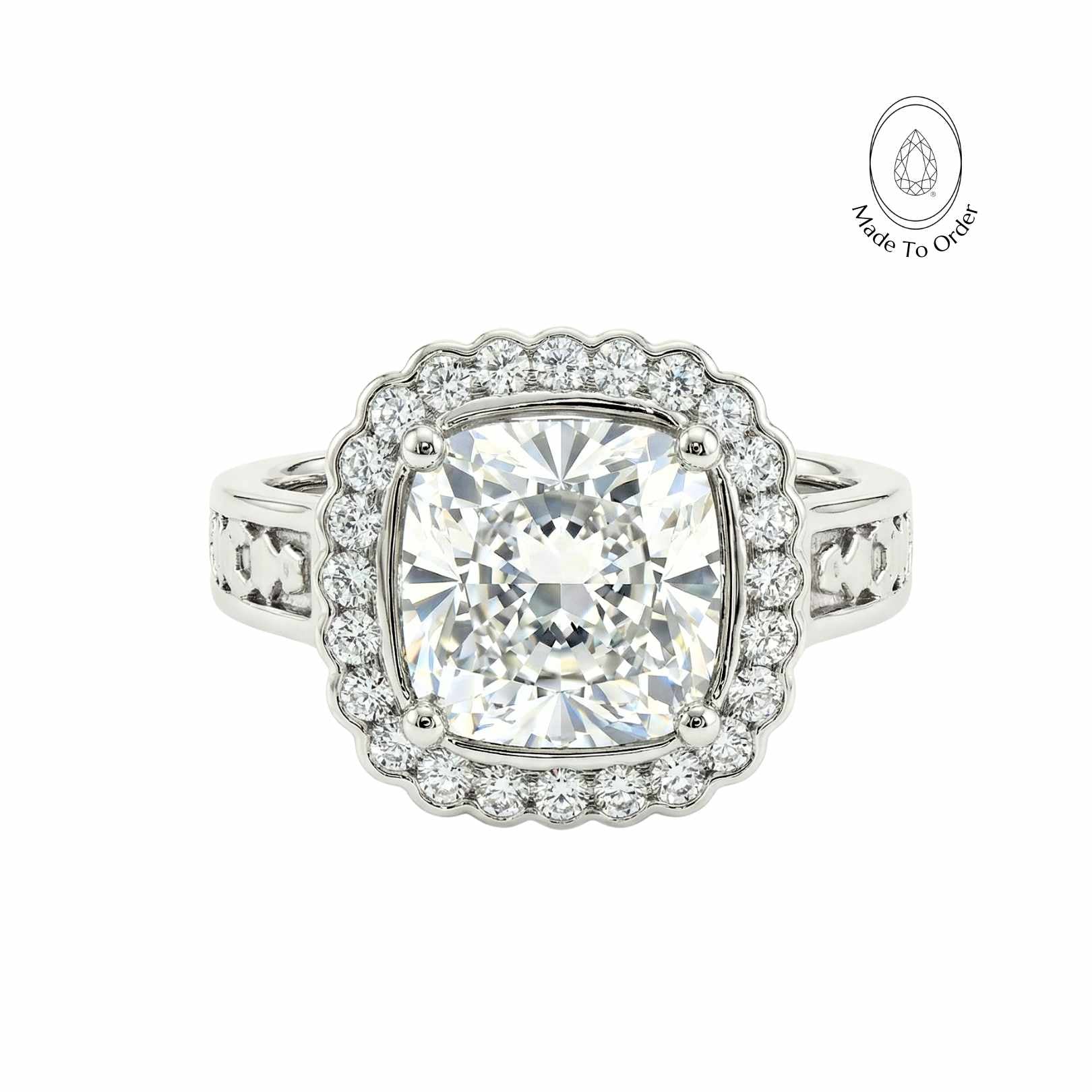 platinum diamond ring, gold cushion halo ring, engagement statement ring, luxury diamond jewelry, heirloom engagement ring, 4 carat diamond ring, modern diamond ring, special occasion jewelry, sustainable engagement ring, princess cut halo, anniversary gift jewelry, bridal ring, ethical diamond ring