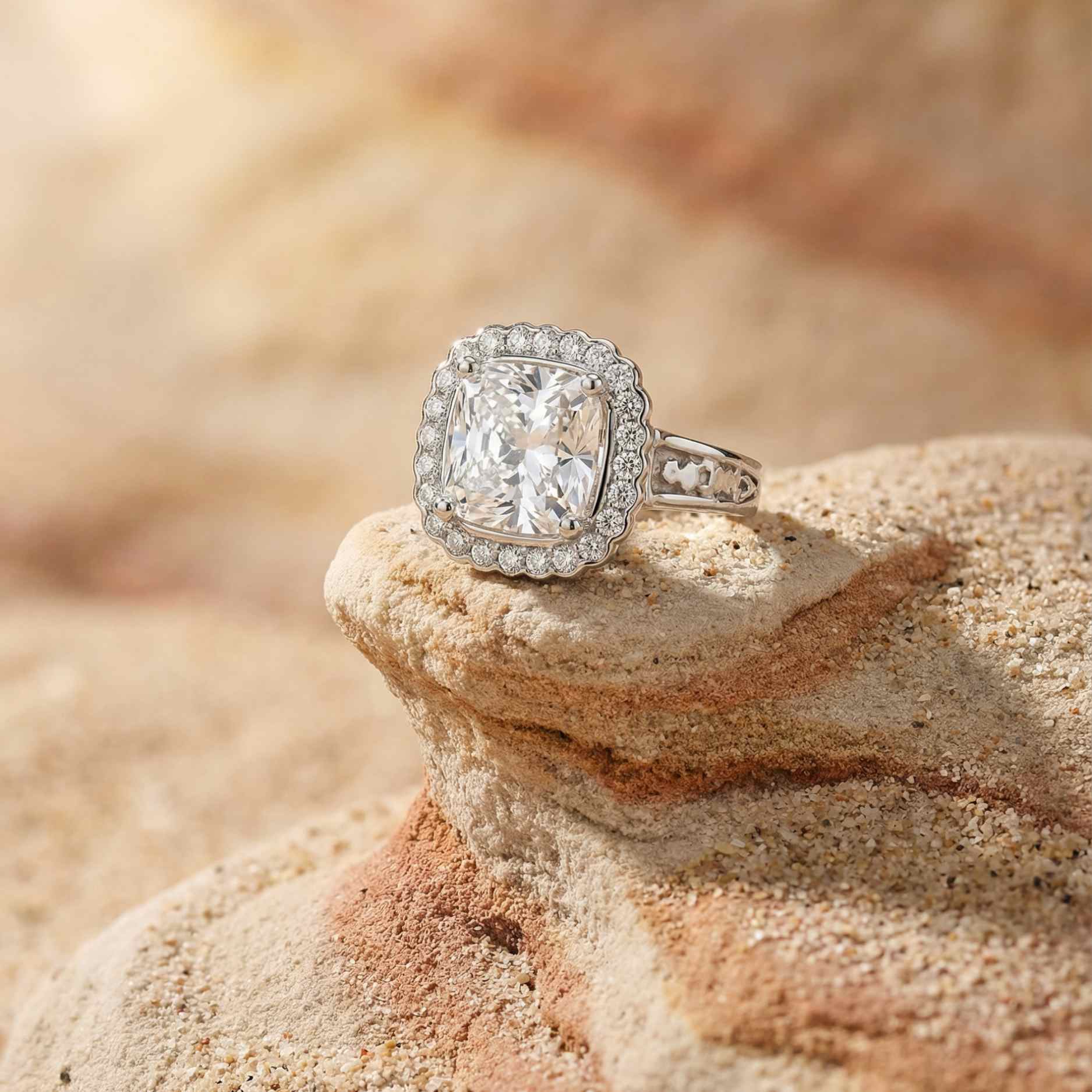 platinum diamond ring, gold cushion halo ring, engagement statement ring, luxury diamond jewelry, heirloom engagement ring, 4 carat diamond ring, modern diamond ring, special occasion jewelry, sustainable engagement ring, princess cut halo, anniversary gift jewelry, bridal ring, ethical diamond ring