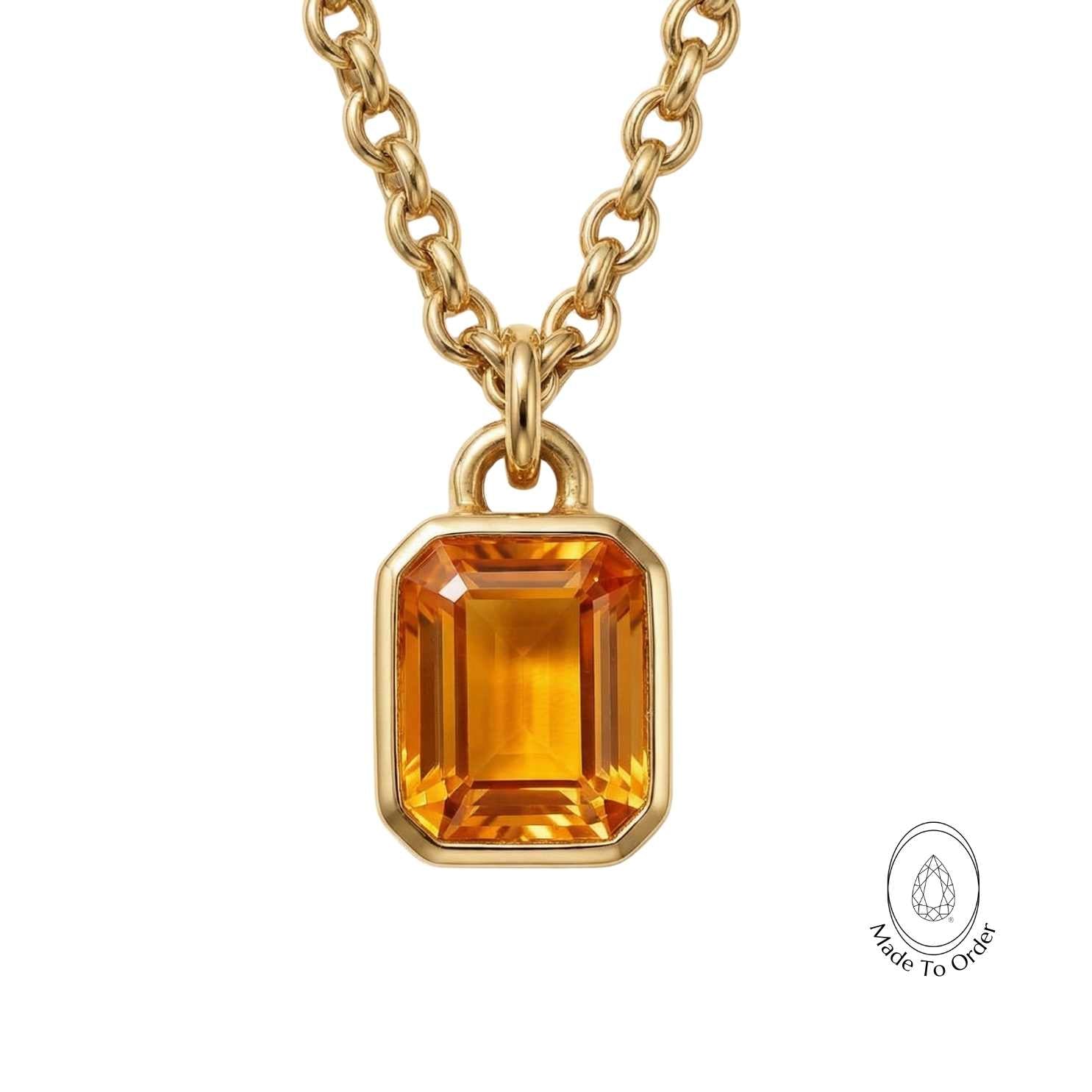 gold citrine necklace, layered gold jewelry, handmade gold necklace, sunrise citrine pendant, everyday gold necklace, women’s statement jewelry, London jewelry handmade, casual luxury necklace, yellow gemstone gift, gold belcher chain, ethical jewelry gift, bright orange citrine, summer jewelry gift