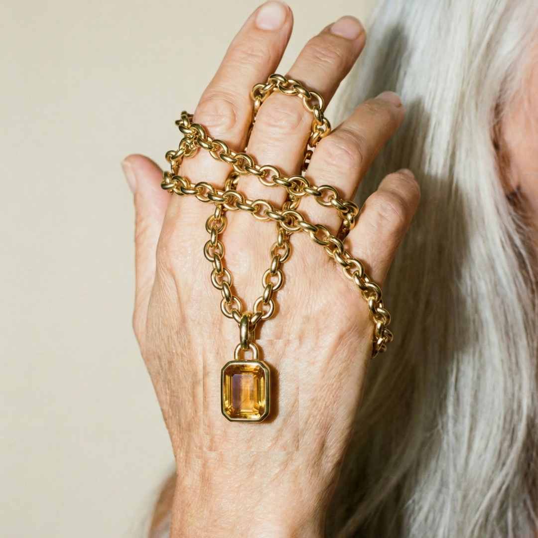 gold citrine necklace, layered gold jewellery, handmade gold necklace, sunrise citrine pendant, everyday gold necklace, women’s statement jewelry, London jewelry handmade, casual luxury necklace, yellow gemstone gift, gold belcher chain, ethical jewelry gift, bright orange citrine, summer jewelry gift