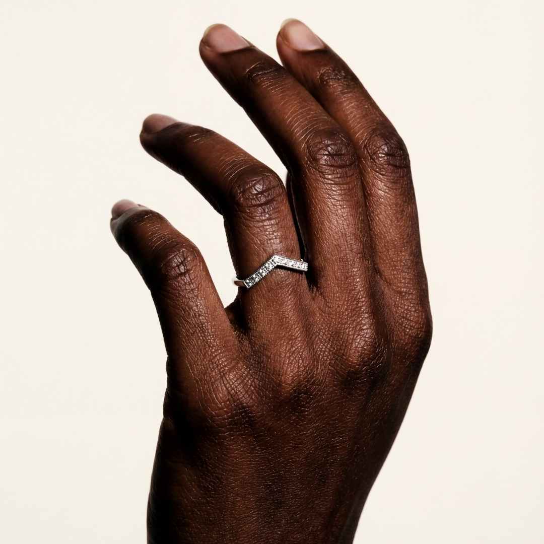 The White Gold Clara Ring - Curved V Shape Wedding Band Diamonds - Dainty London