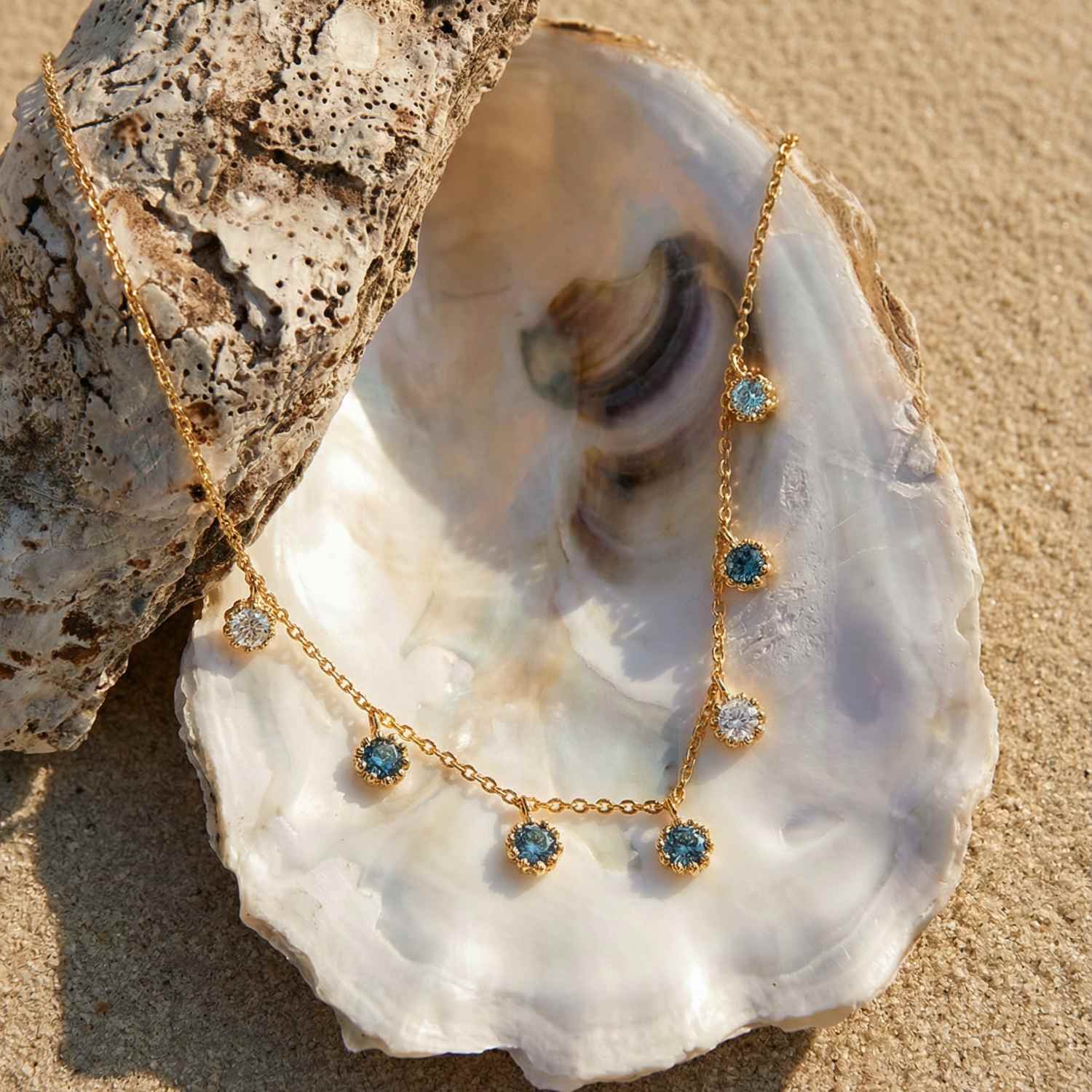 Gold Aqua Necklace with Barnacles and Rainbow Topaz - Dainty London