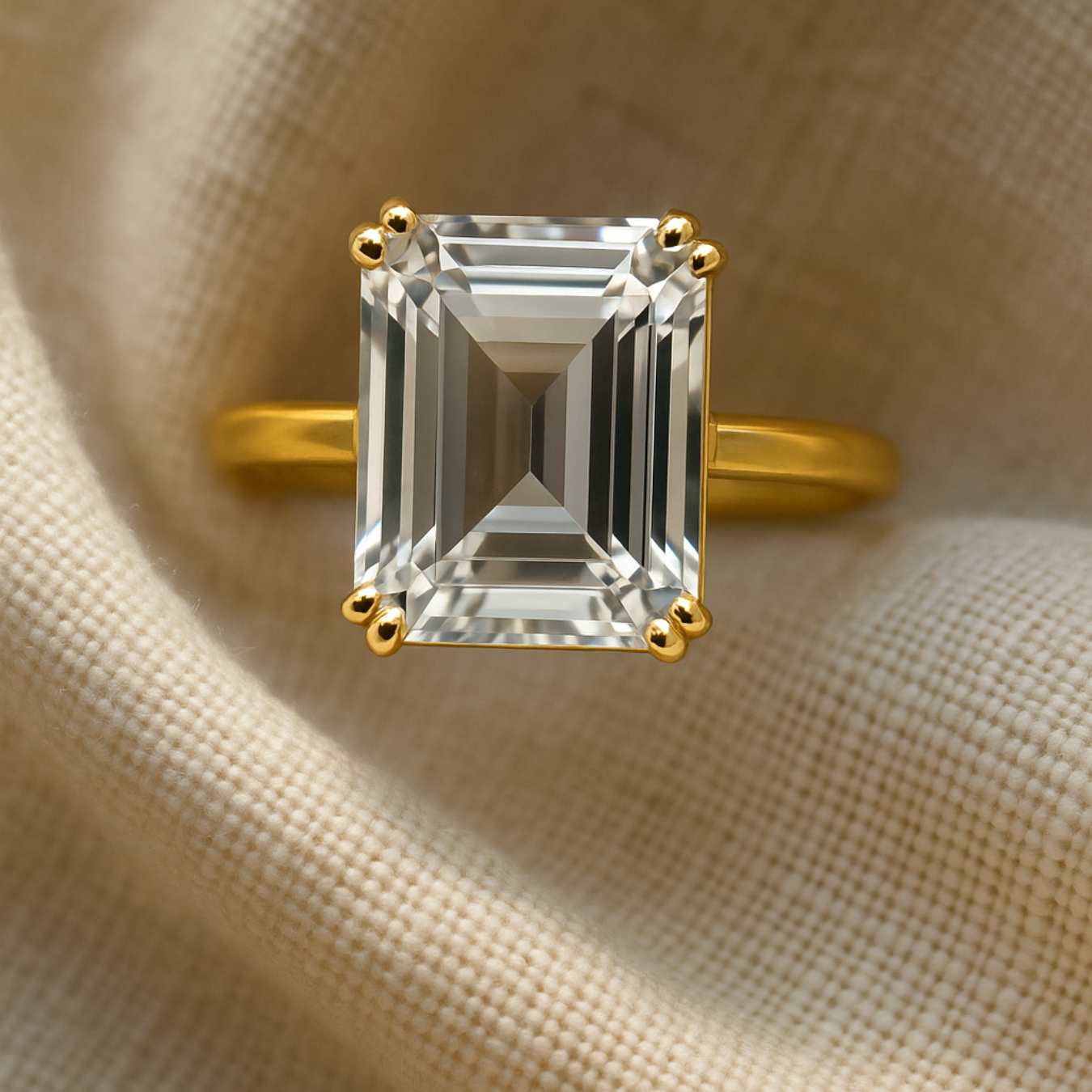 Gold Moissanite Diamond Ring - Livia - Dainty London, sustainable gold ring, ethical gemstone jewelry, gold moissanite ring, octagonal gemstone ring, luxury engagement ring, ethical diamond ring, UK size rings, statement gold ring, eco-friendly jewelry, gift for her, special occasion ring, modern luxury jewelry, handmade gold ring