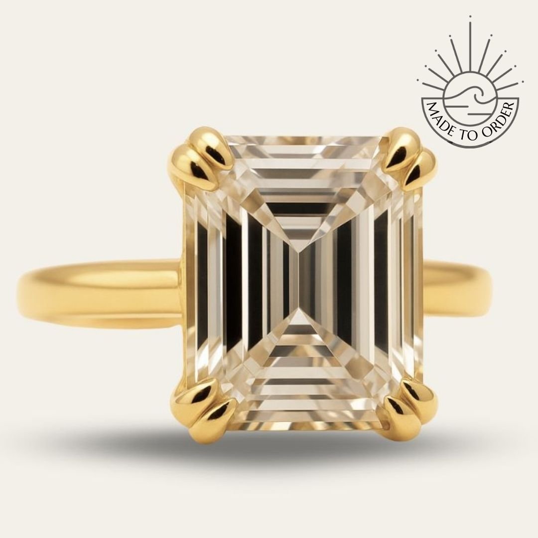 Gold Moissanite Diamond Ring - Livia - Dainty London, sustainable gold ring, ethical gemstone jewelry, gold moissanite ring, octagonal gemstone ring, luxury engagement ring, ethical diamond ring, UK size rings, statement gold ring, eco-friendly jewelry, gift for her, special occasion ring, modern luxury jewelry, handmade gold ring