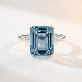 Ring with a large blue gemstone on a white background